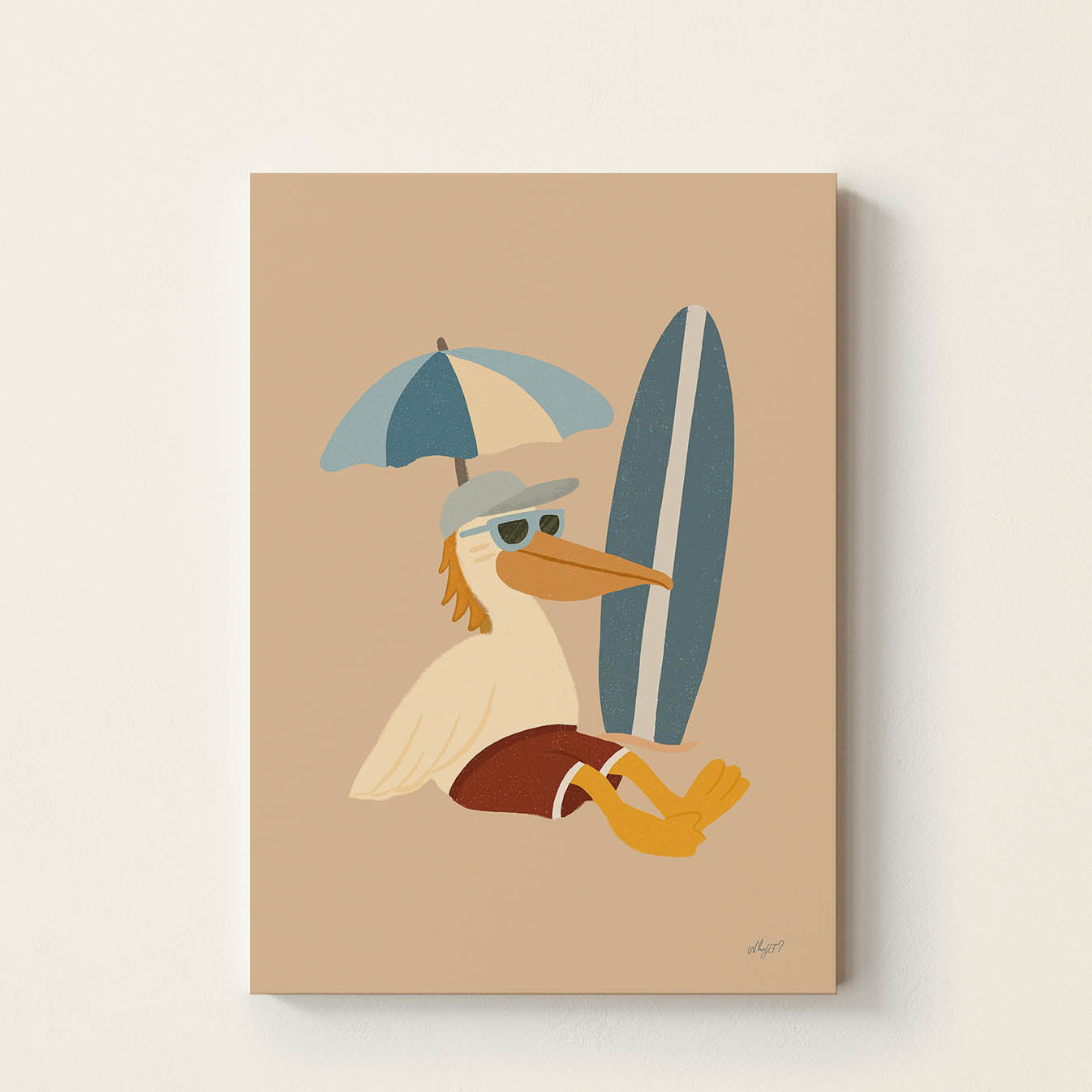 Hand-drawn pelican wearing sunglasses and a cap relaxing beside a blue surfboard under a beach umbrella, retro coastal wall art for nurseries, bedrooms, playrooms, and beach-inspired spaces.