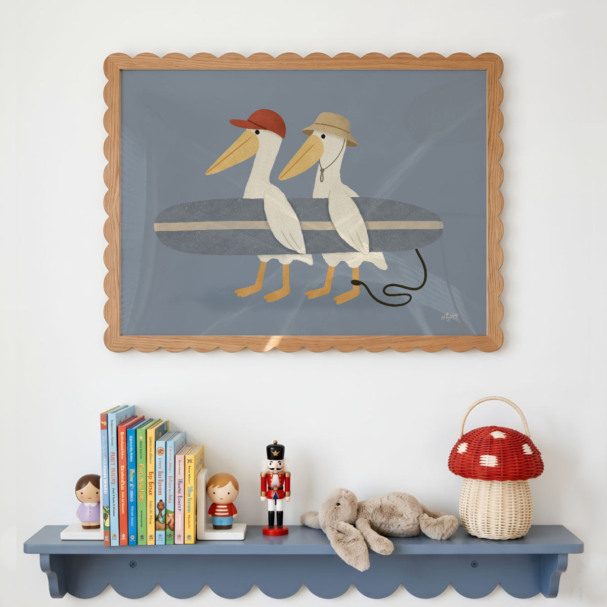 Landscape poster of two pelicans in caps carrying a surfboard on a slate blue background