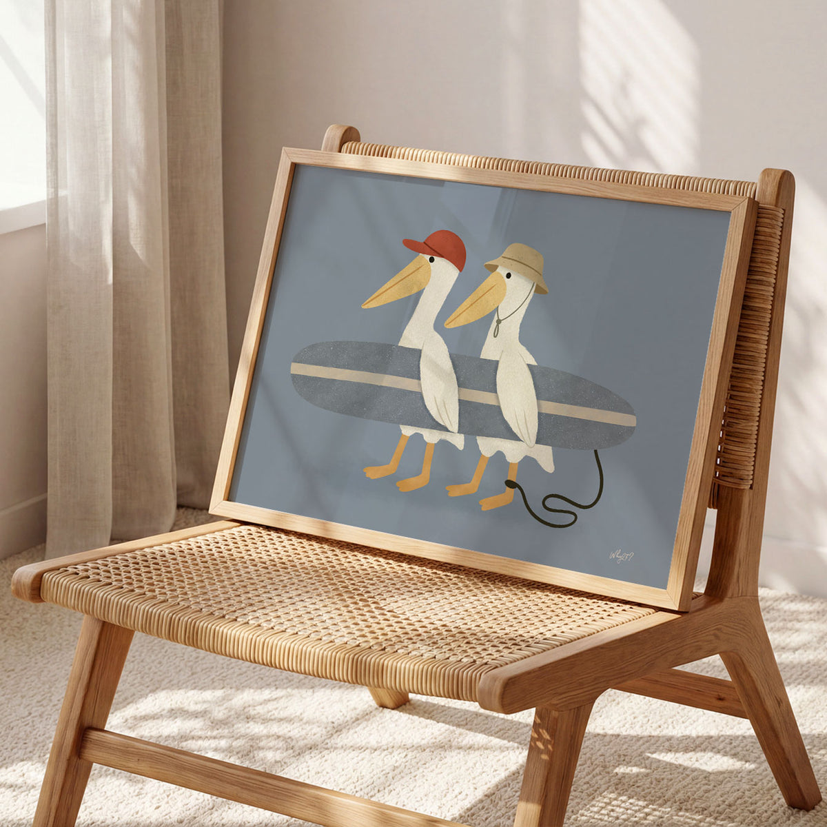 Landscape poster of two pelicans in caps carrying a surfboard on a slate blue background