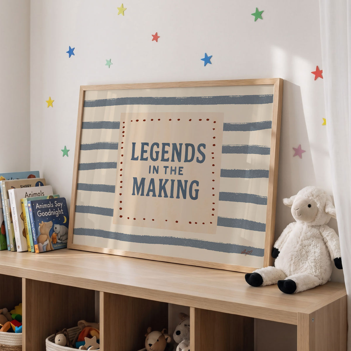 Landscape poster with the hand lettered words legends in the making over painted stripes