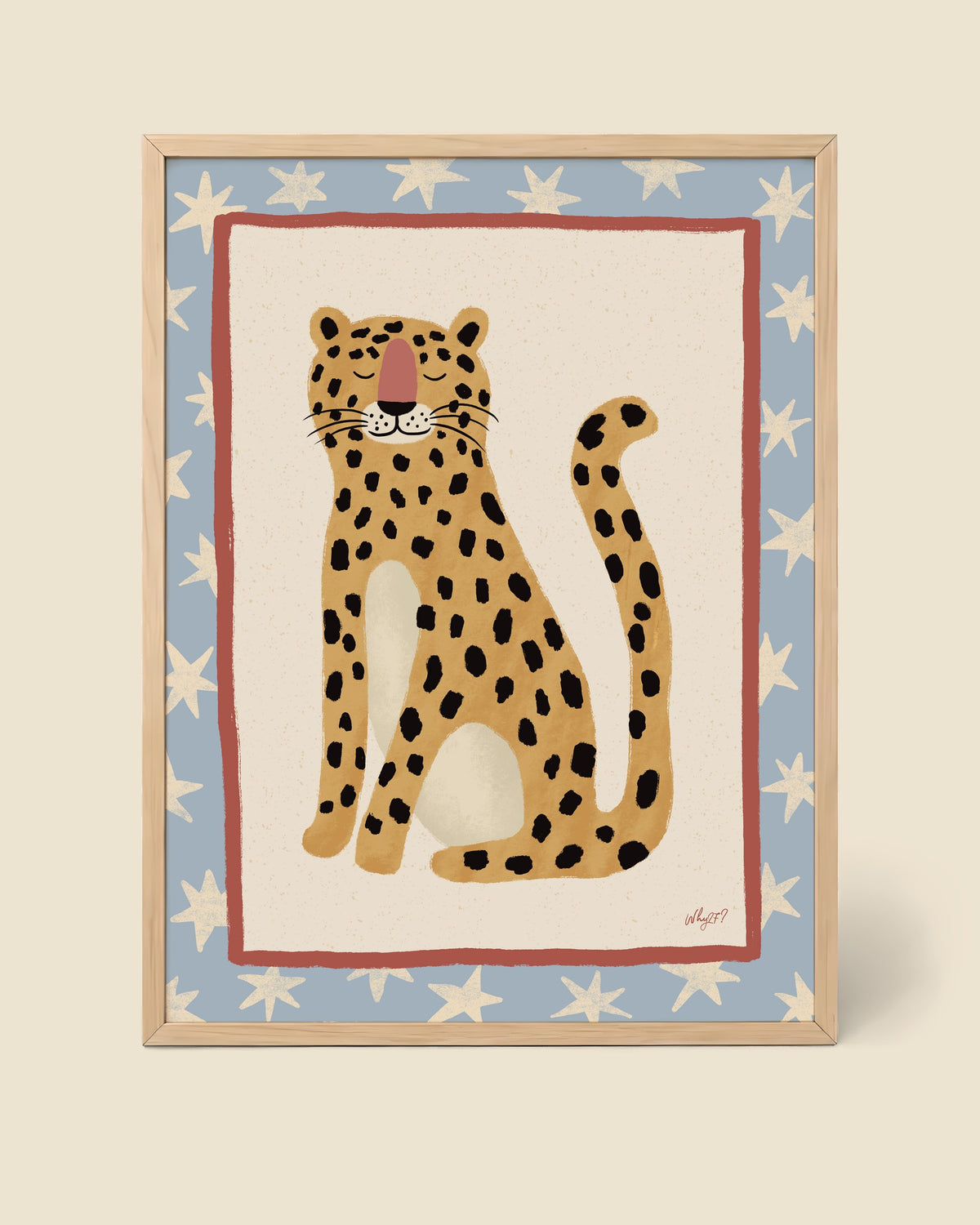 Peaceful Leopard Poster framed in a natural wood frame