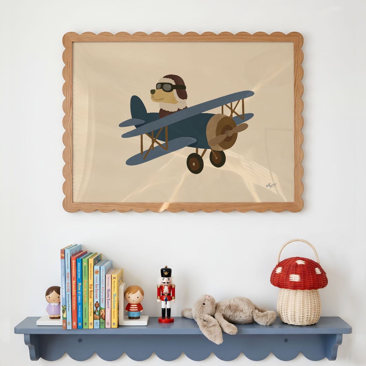 Landscape poster of a dog in flying cap and goggles piloting a blue biplane