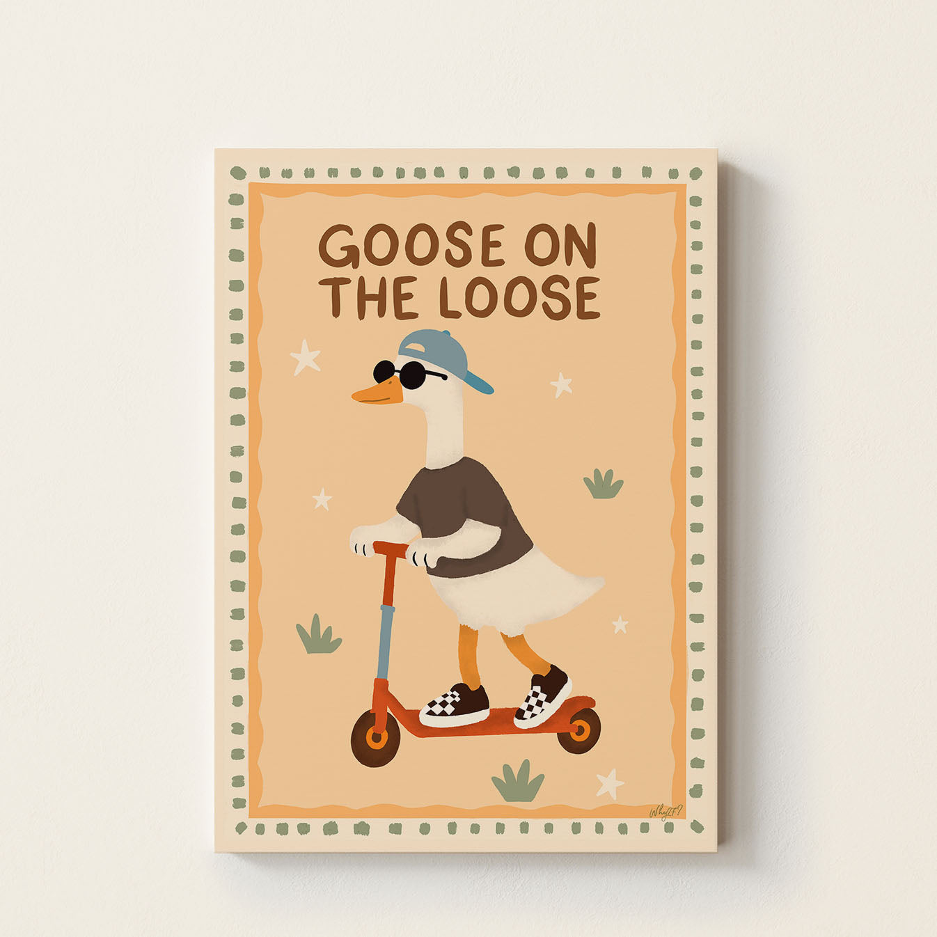 Goose on Goose poster featuring a playful goose wearing sunglasses and a blue cap riding a scooter on a warm neutral background.