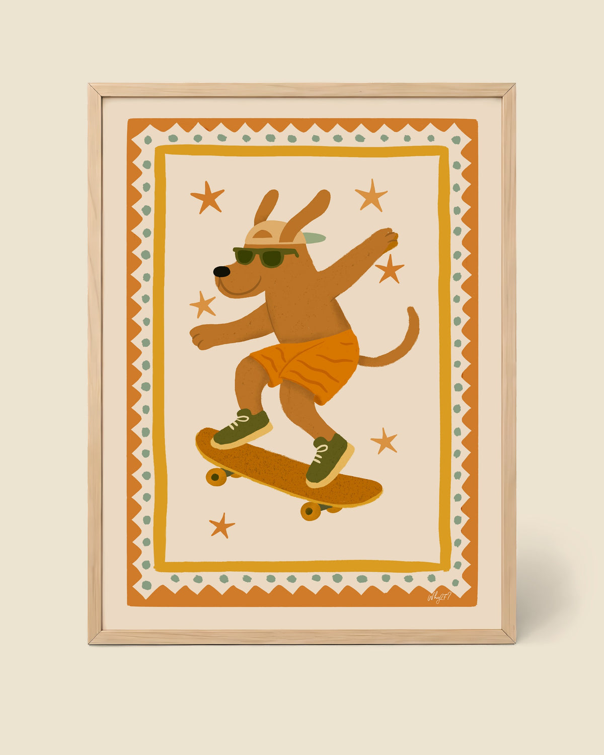 Sky Rider Dog Poster framed in a natural wood frame