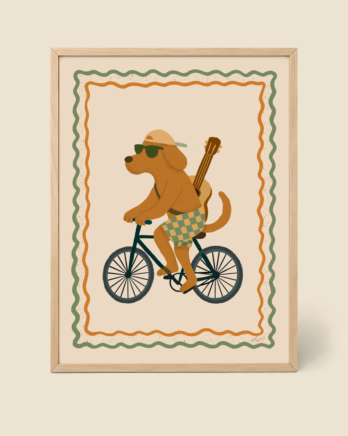 Adventure Dog Bike Poster framed in a natural wood frame