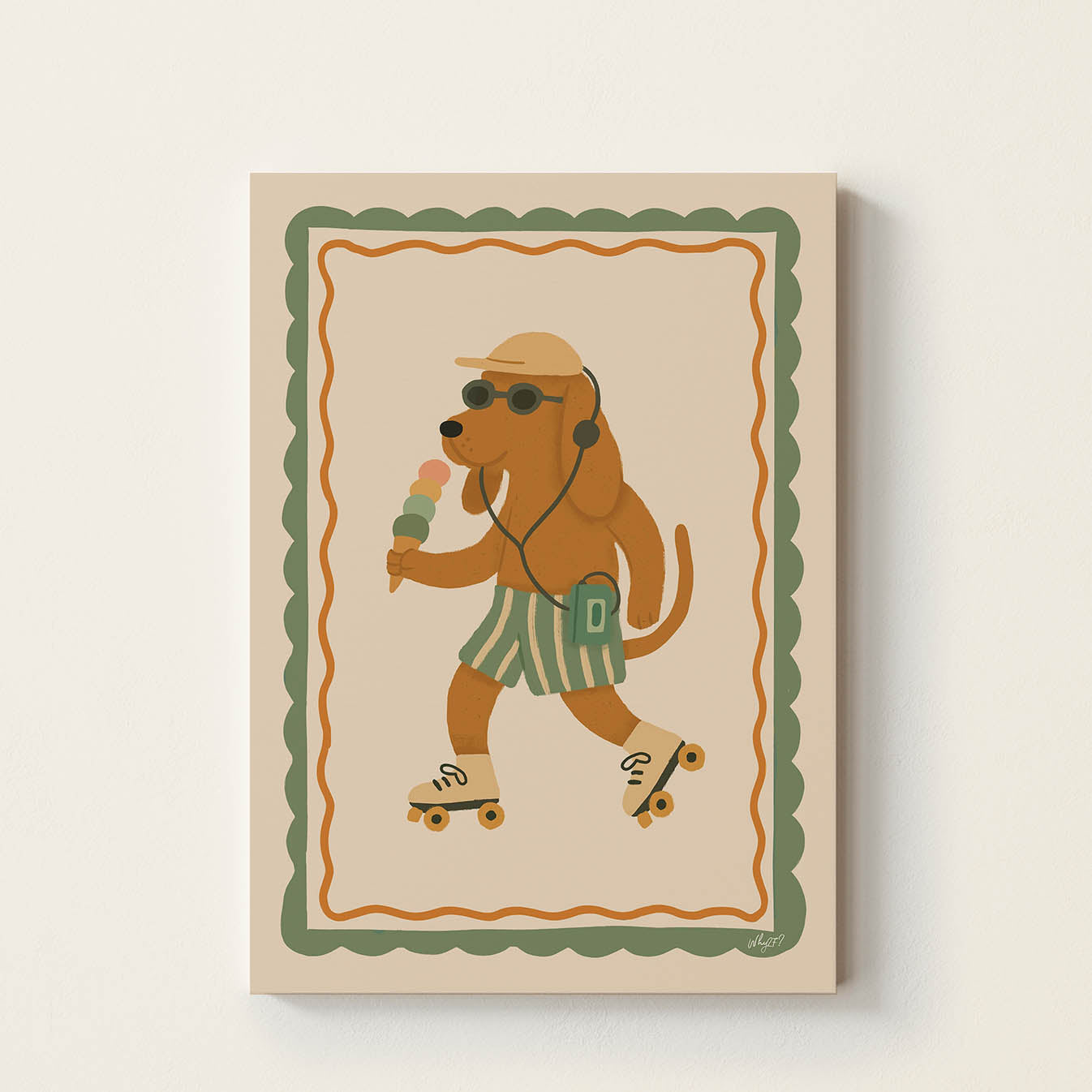 Hand-drawn dog wearing roller skates, headphones, sunglasses, and a cap while holding an ice cream, framed with a vintage-inspired border, playful summer wall art for nurseries, bedrooms, and playrooms.