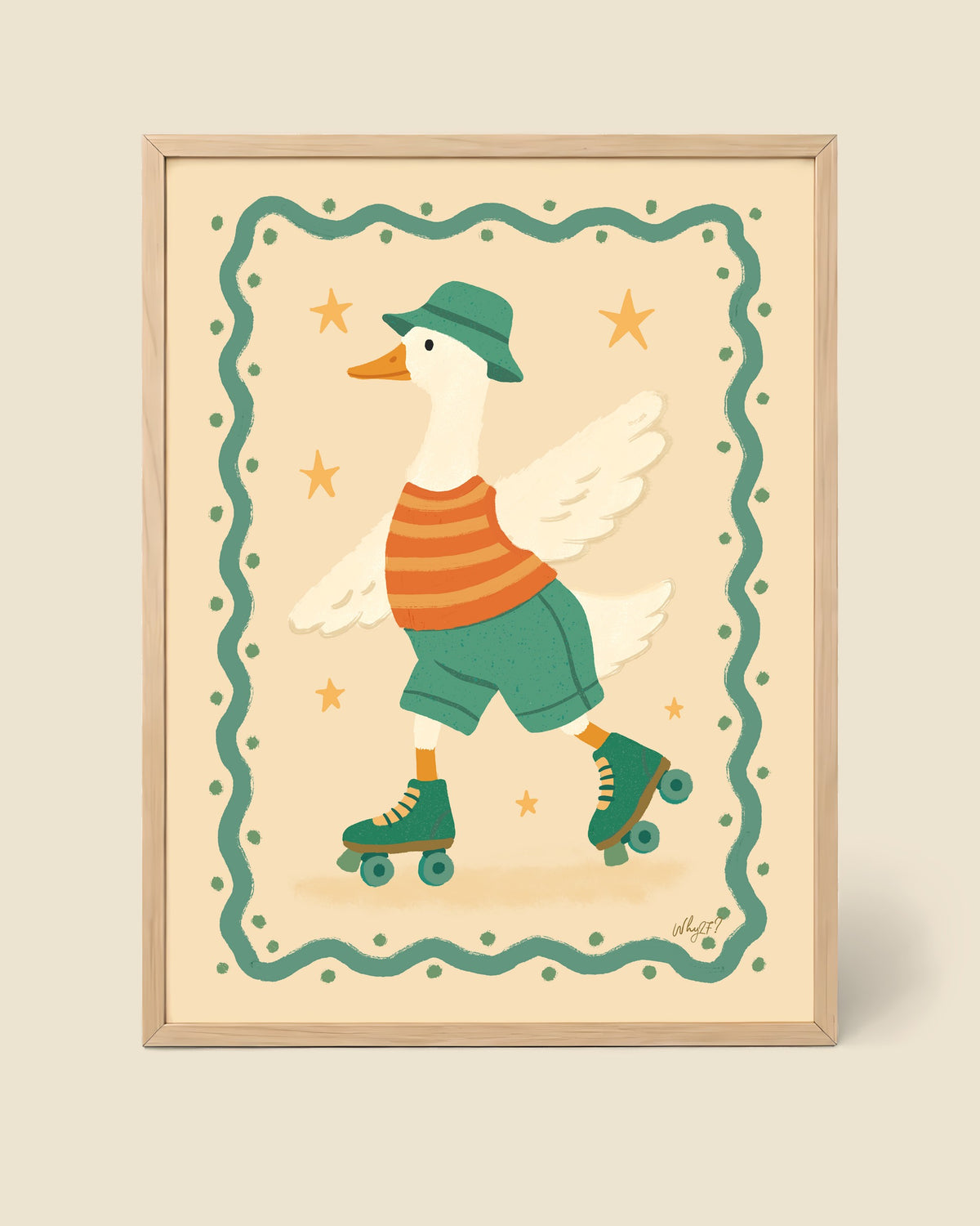 Roller Skating Goose Poster framed in a natural wood frame