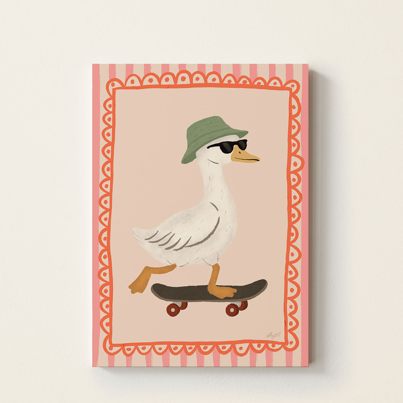 Goose skateboarding poster featuring a goose wearing sunglasses and a green bucket hat riding a skateboard on a soft pink background.