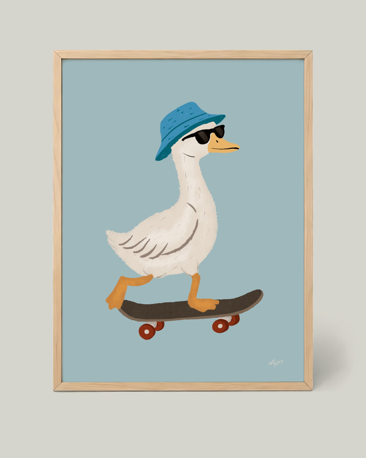 Goose On A Skateboard Poster framed in a natural wood frame