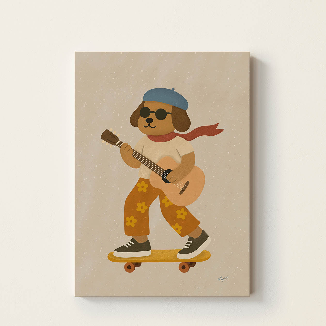 Hand-drawn dog wearing a blue beret and red scarf while riding a skateboard and playing an acoustic guitar, retro-inspired music wall art for nurseries, bedrooms, playrooms, and music rooms.