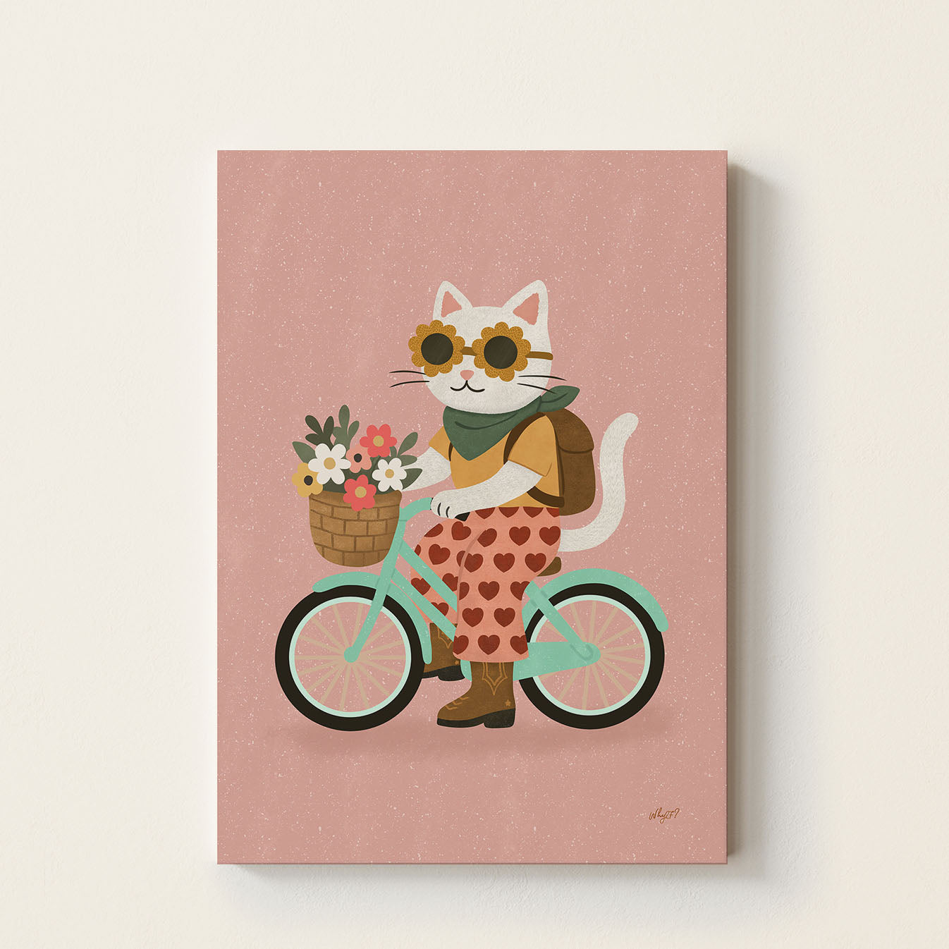 Hand-drawn white cat wearing flower sunglasses while riding a vintage bicycle with a basket of flowers, whimsical kids wall art for nurseries, bedrooms, and playrooms.