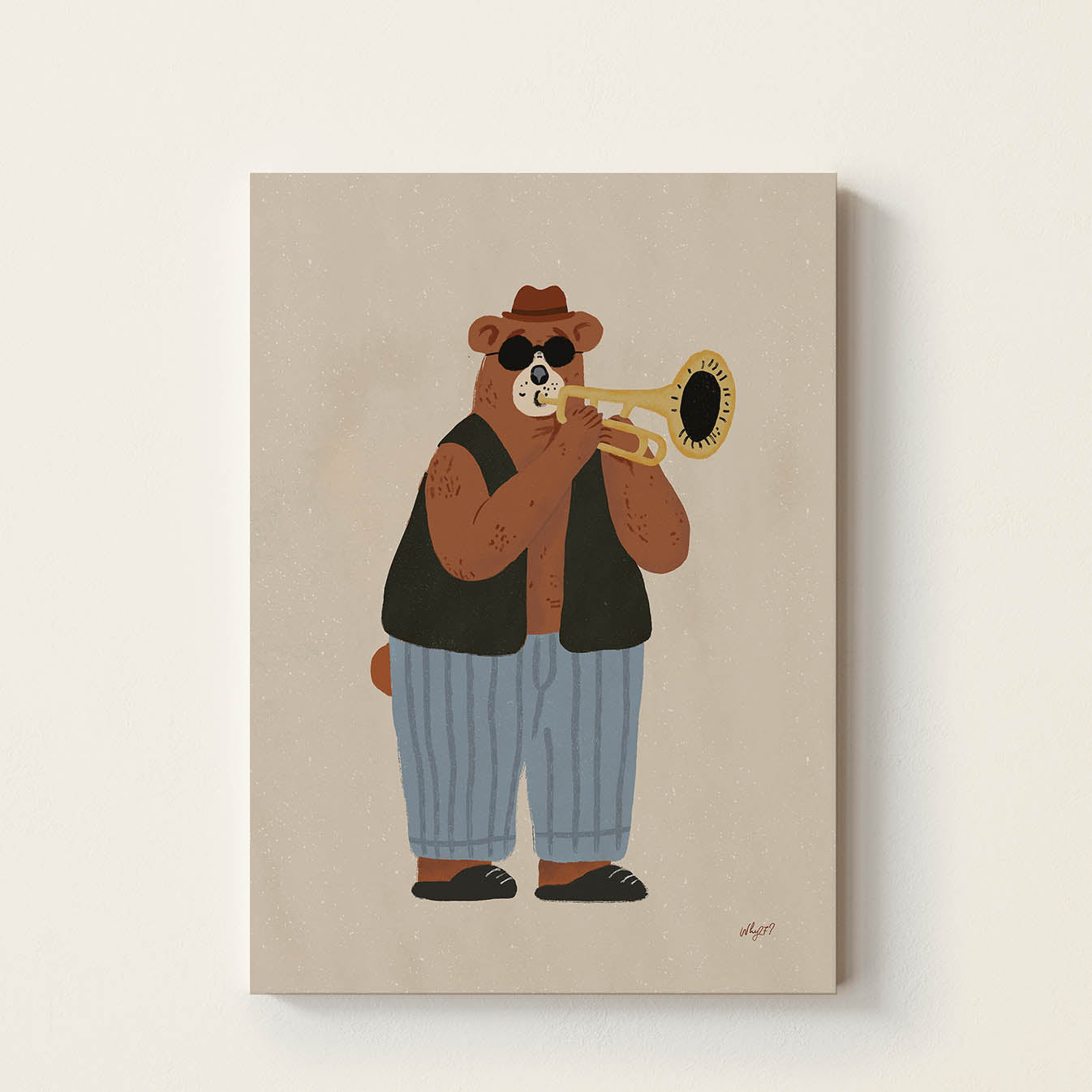 Hand-drawn bear wearing sunglasses and a hat while playing a golden trumpet, retro jazz-inspired wall art for kids' bedrooms, nurseries, playrooms, and music rooms.