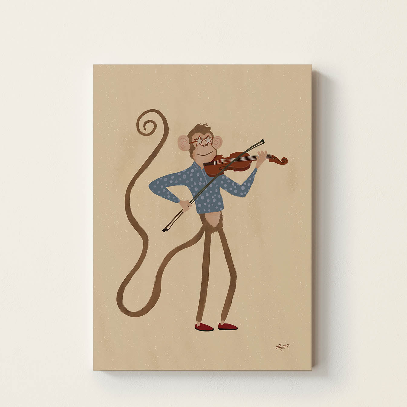 Hand-drawn monkey wearing star-shaped glasses while playing a violin, retro-inspired kids wall art for nurseries, bedrooms, playrooms, and music rooms.