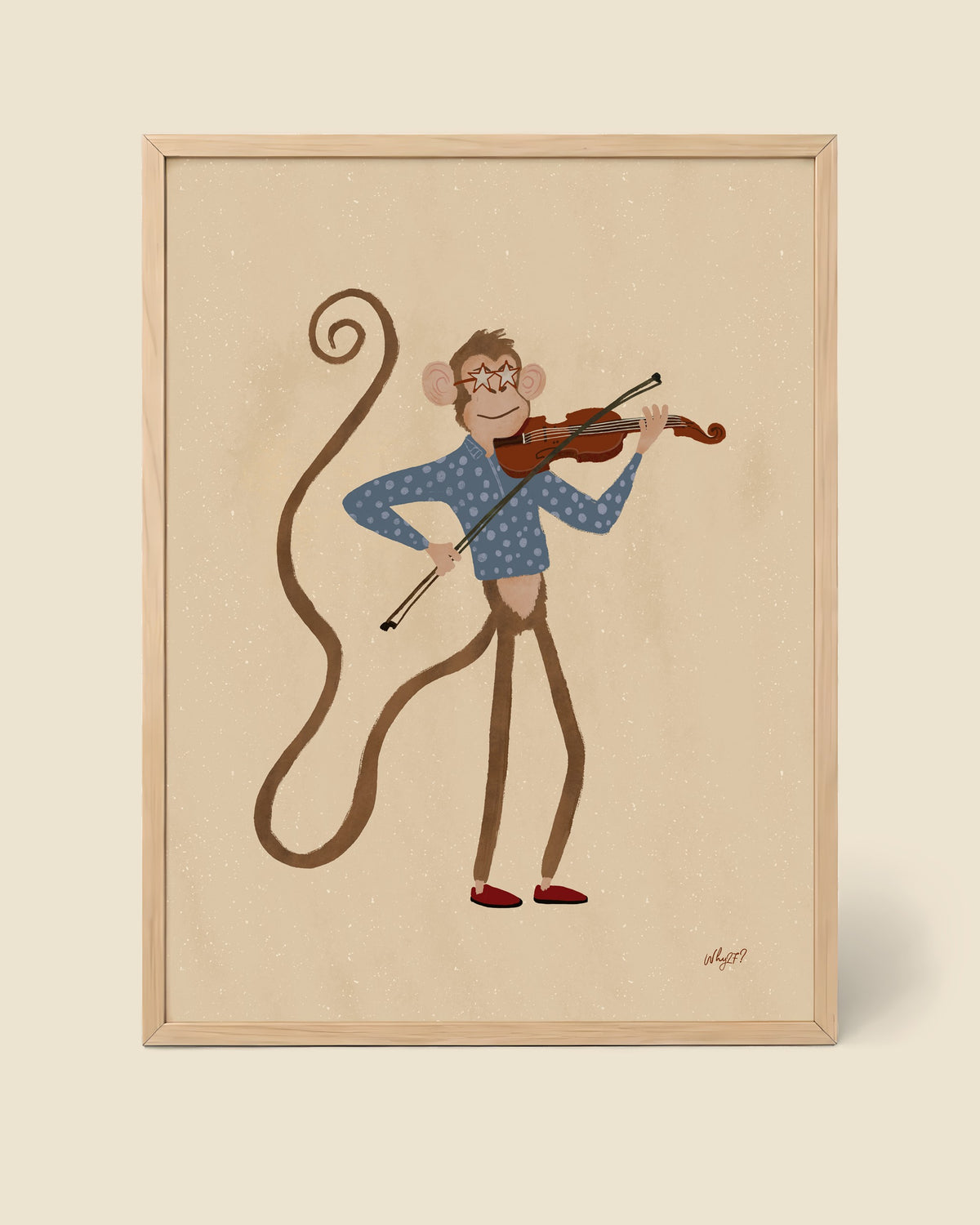 Violin Monkey Poster framed in a natural wood frame