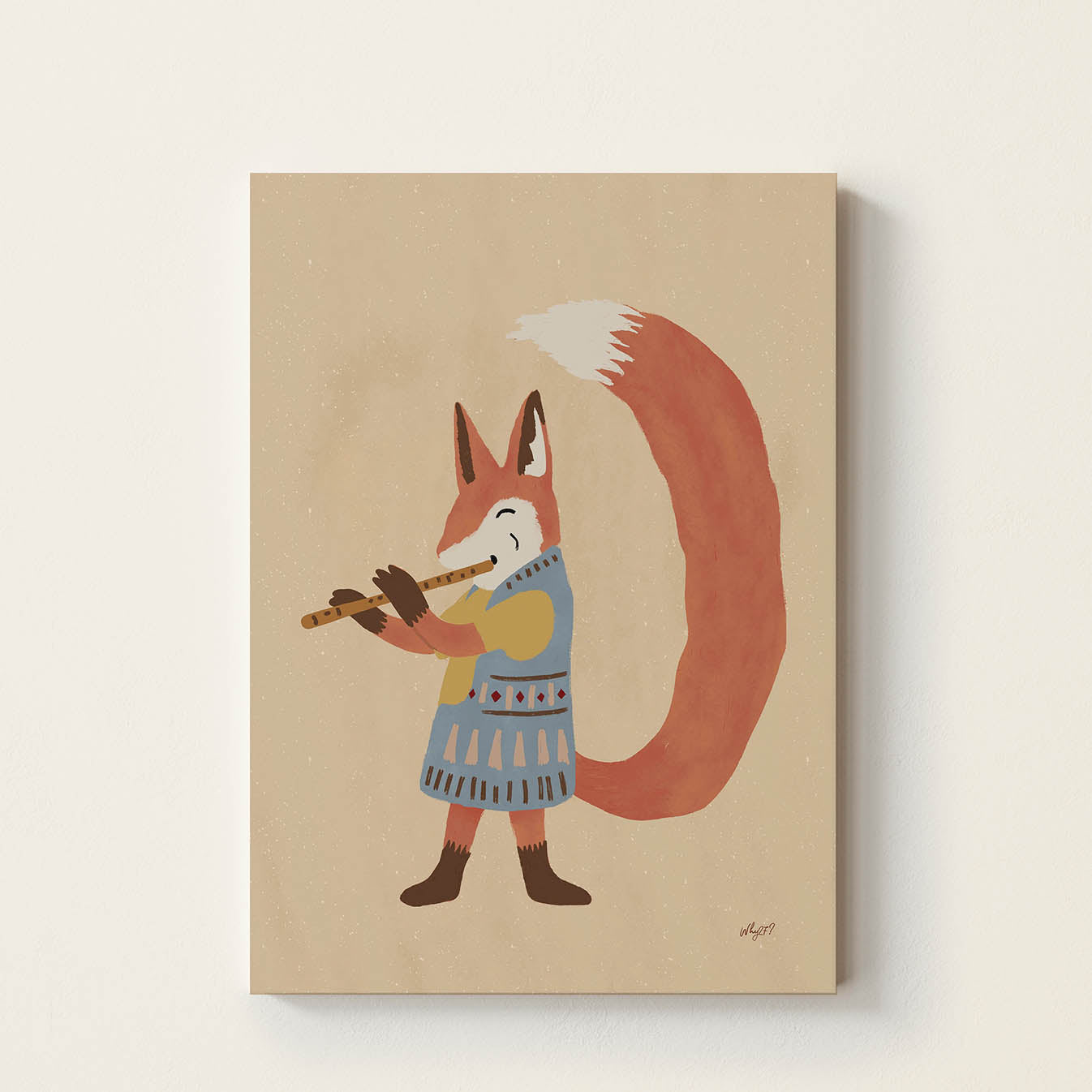 Hand-drawn little fox wearing a blue dress while playing a wooden flute, whimsical woodland music wall art for nurseries, bedrooms, playrooms, and music rooms.