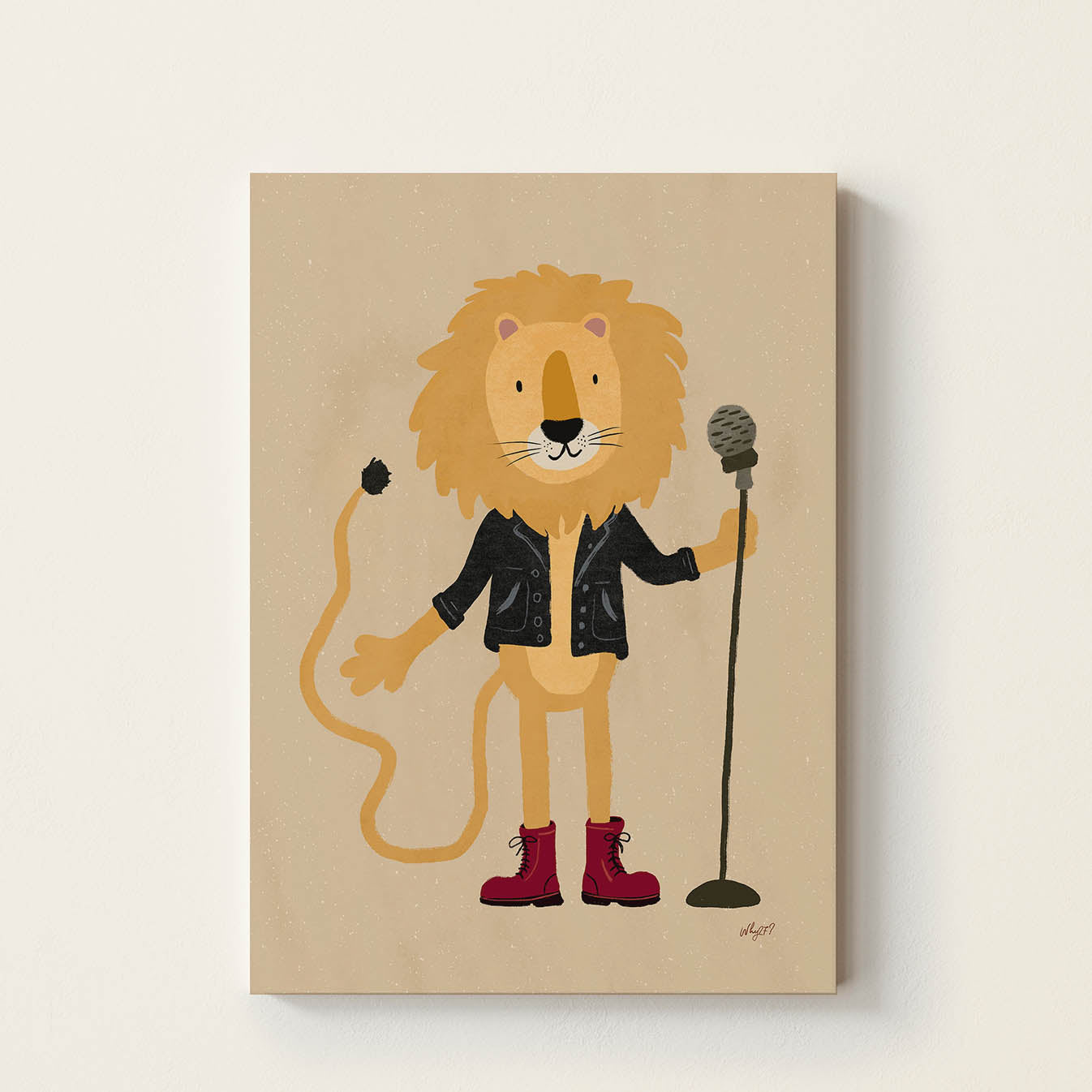 Hand-drawn lion wearing a black leather jacket and red boots while standing beside a microphone, retro-inspired music wall art for children's bedrooms, nurseries, playrooms, and music rooms.