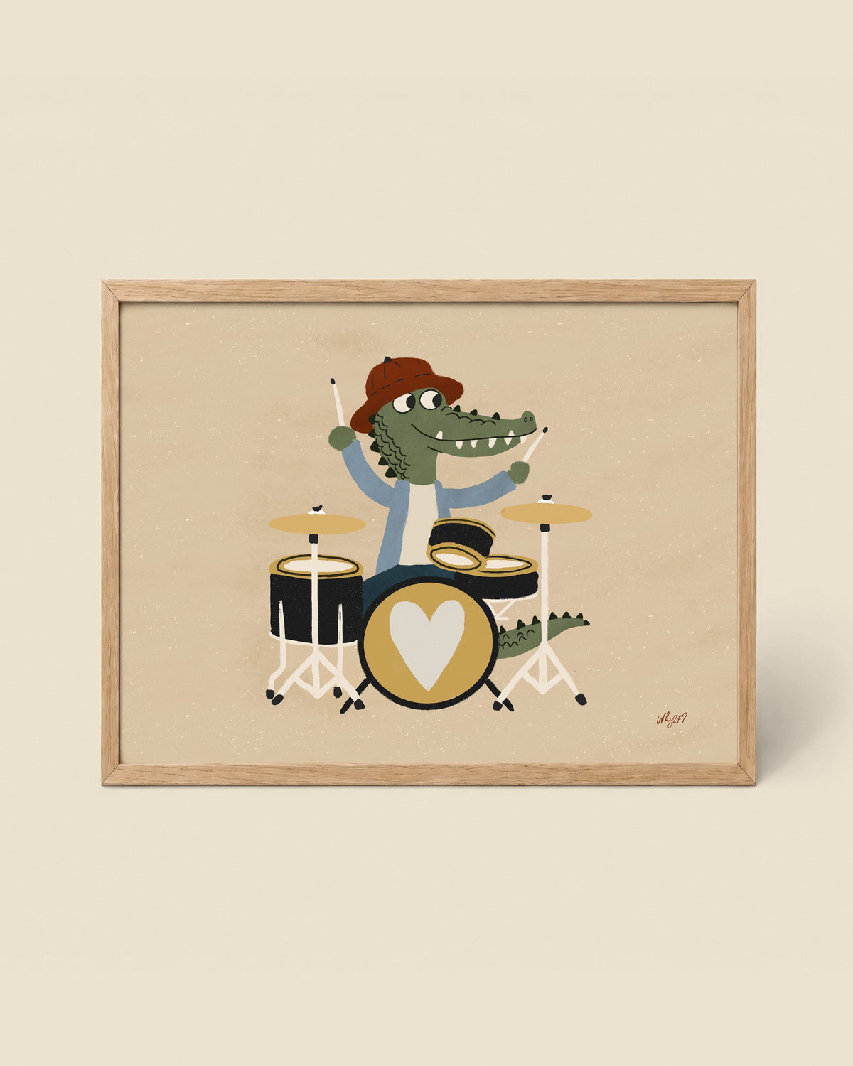 Drummer Crocodile Landscape Poster framed in a natural wood frame
