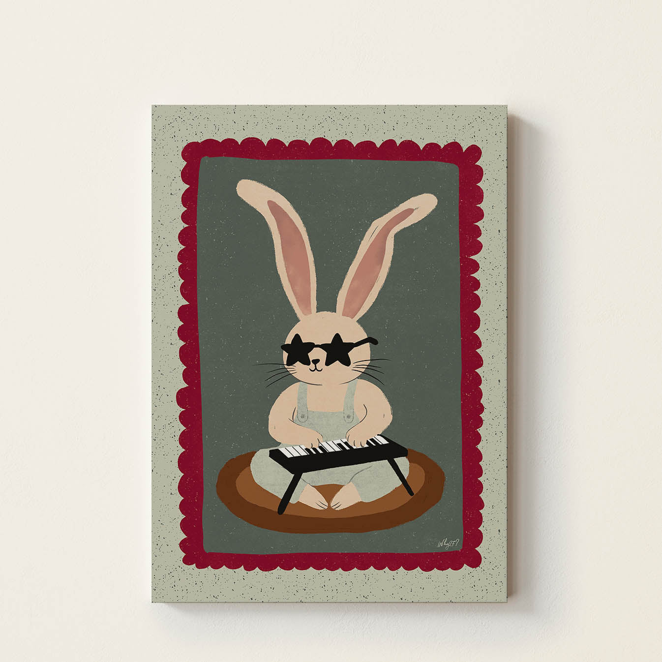 Hand-drawn bunny wearing star-shaped sunglasses while playing a small keyboard, framed with a vintage decorative border, retro-inspired music wall art for nurseries, bedrooms, playrooms, and music rooms.