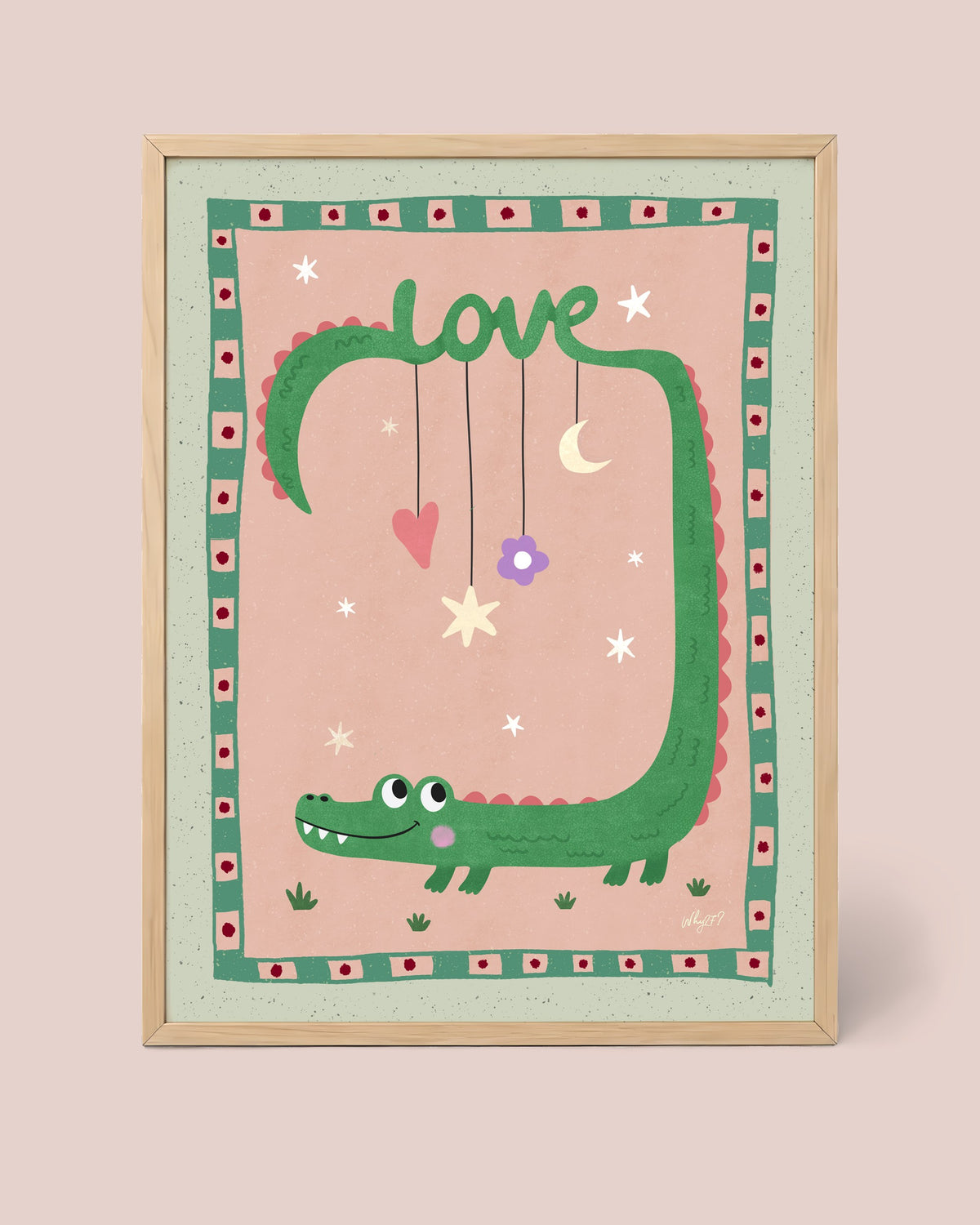 Love Crocodile Poster framed in a natural wood frame