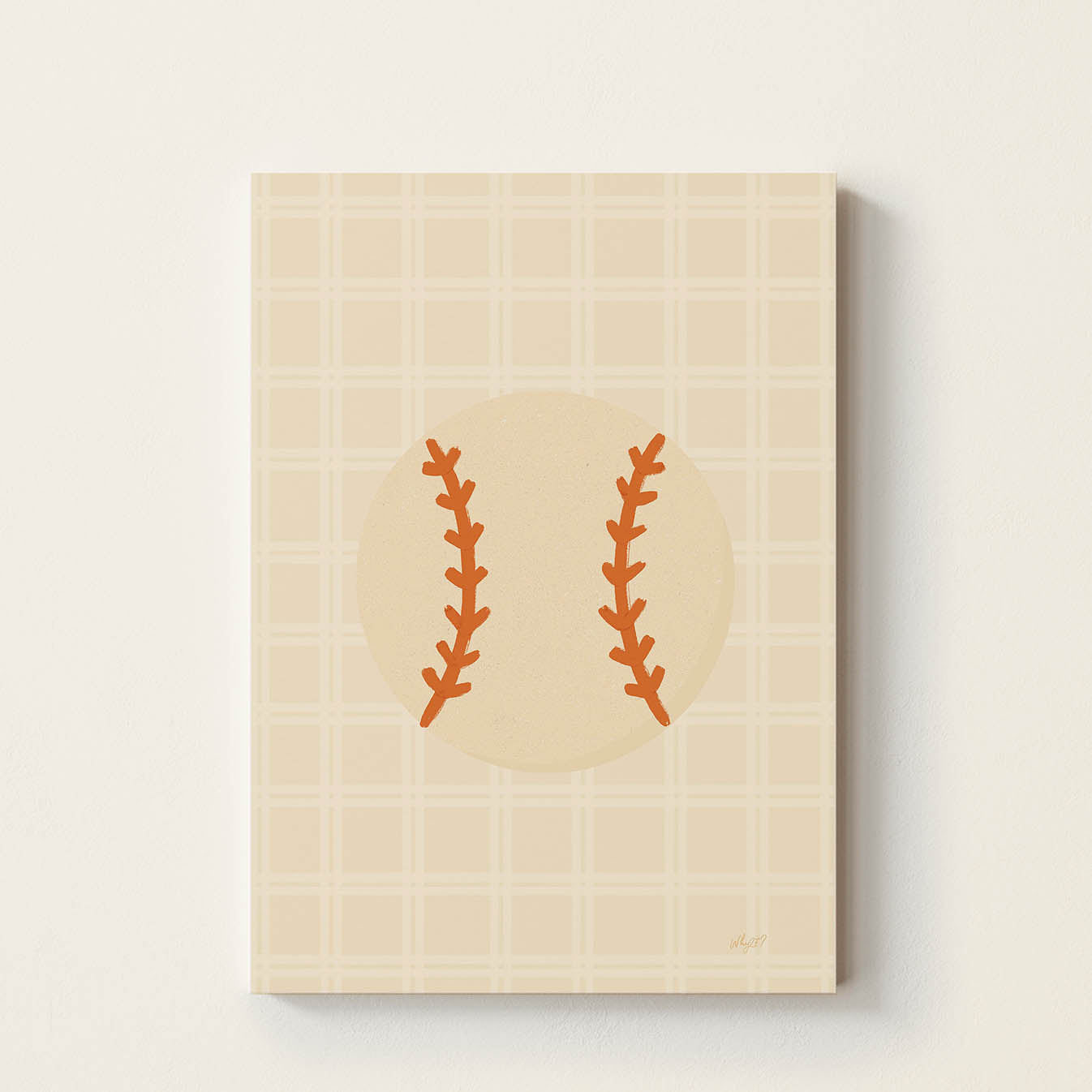Minimalist hand-drawn baseball illustration with a soft retro-inspired background, sports wall art for kids' bedrooms, nurseries, playrooms, and baseball-themed rooms.