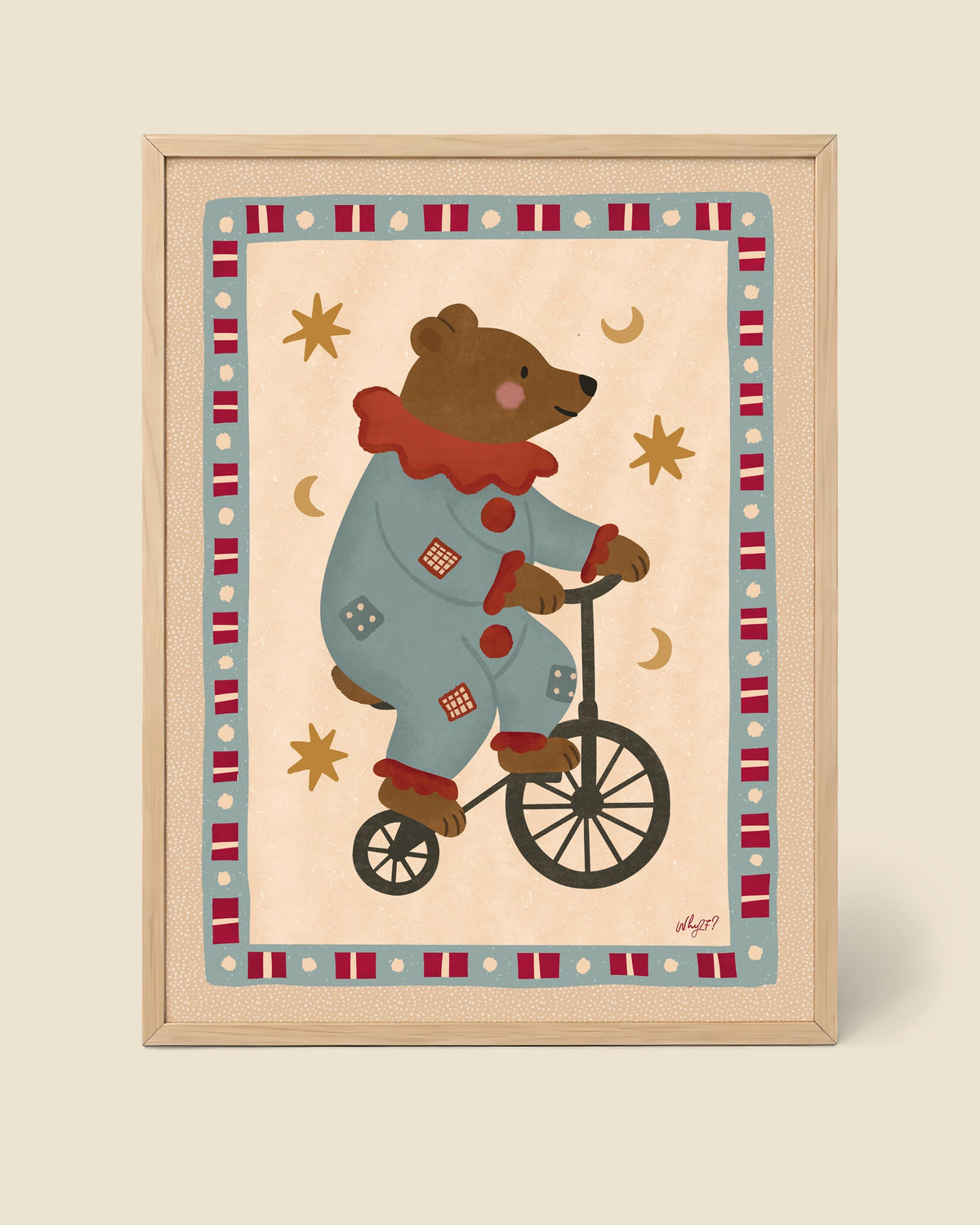 Circus Bear Poster framed in a natural wood frame