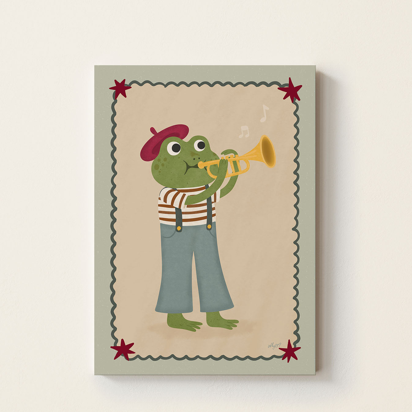 Hand-drawn frog wearing a red beret and playing a trumpet, whimsical music-themed kids wall art poster for nursery, bedroom, playroom, and music room decor.