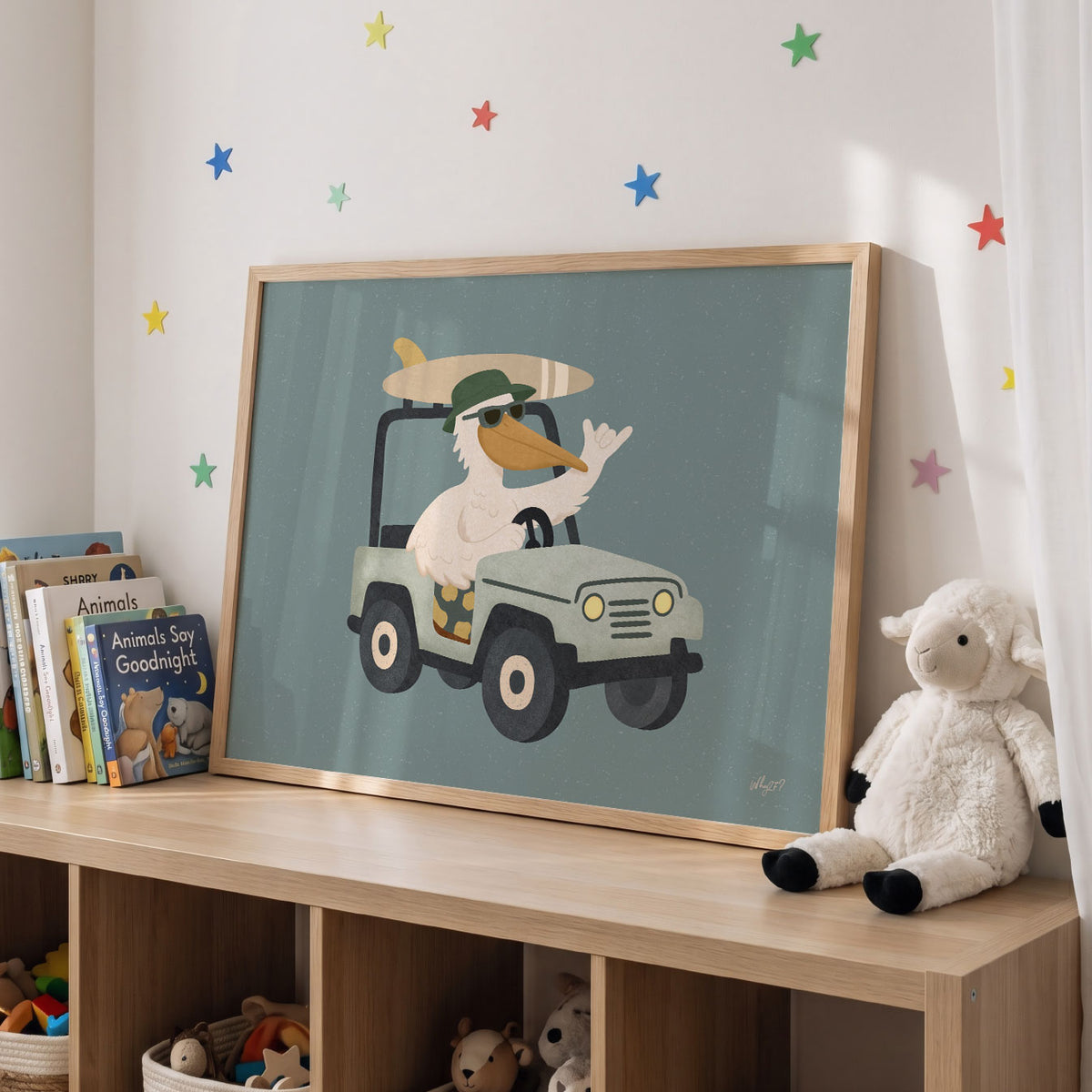 Landscape poster of a pelican driving a green jeep with a surfboard on the roof