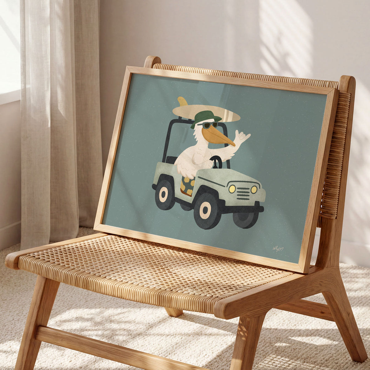 Landscape poster of a pelican driving a green jeep with a surfboard on the roof