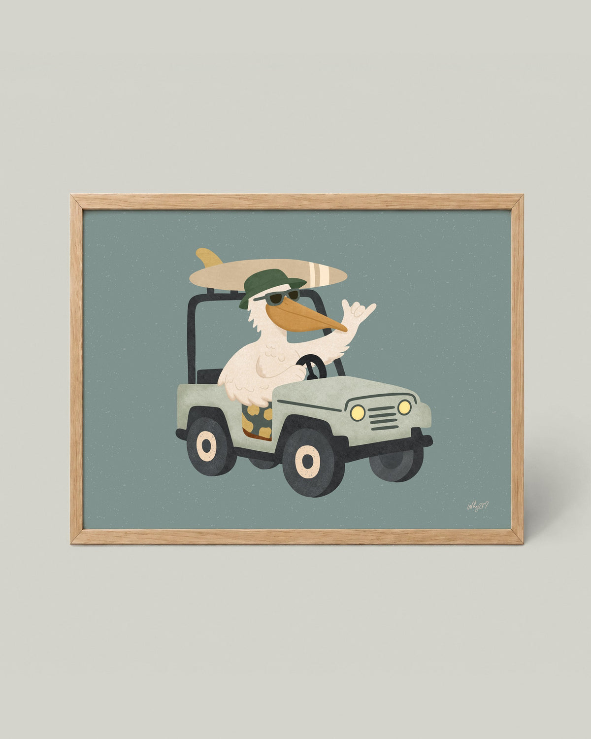 Pelican Jeep Poster framed in a natural wood frame