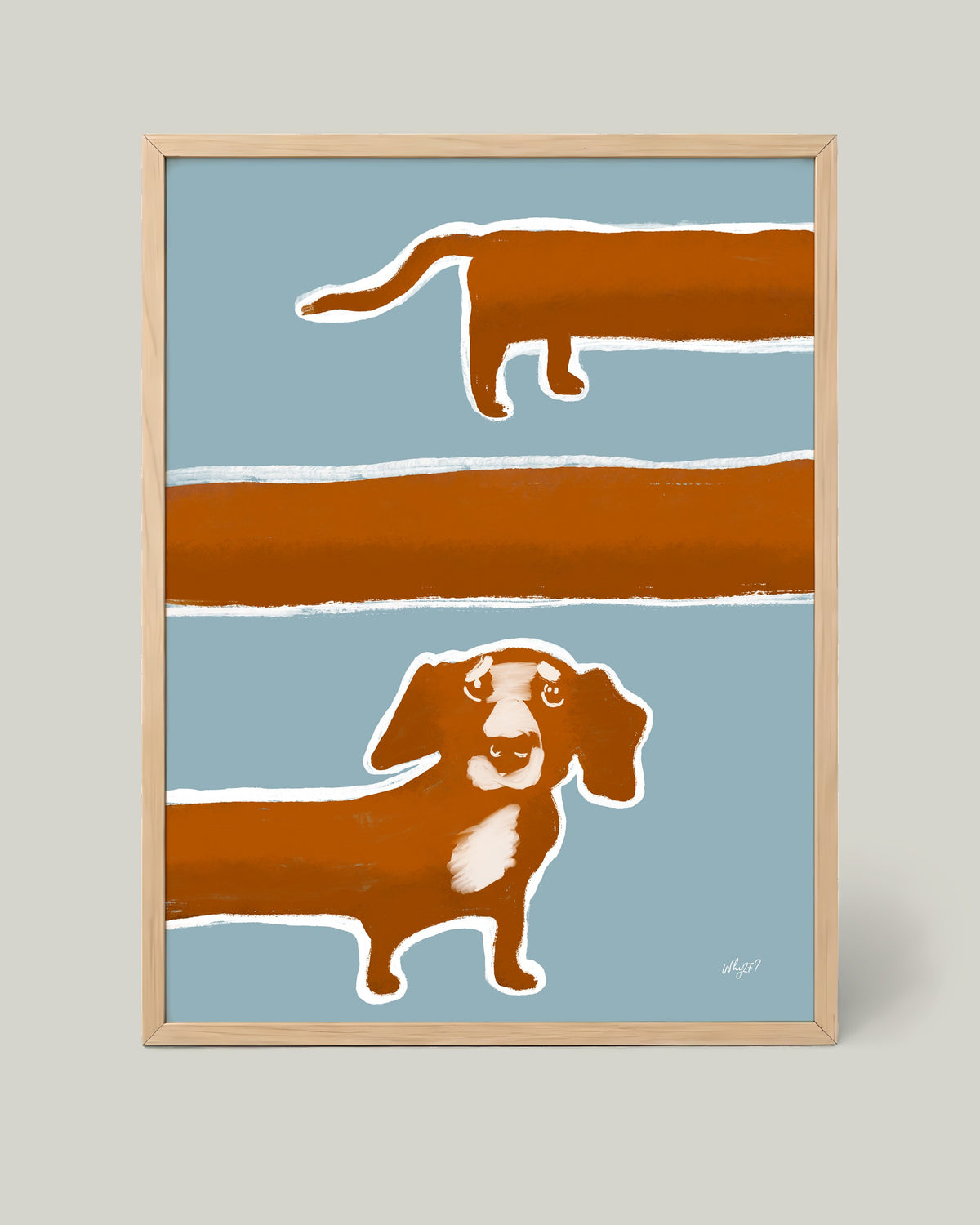 Long Dogs Blue Poster framed in a natural wood frame