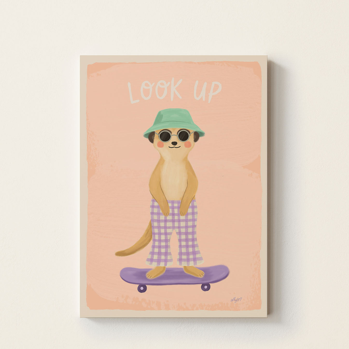 Hand-drawn meerkat wearing sunglasses and a green bucket hat standing on a purple skateboard beneath the words "Look Up", inspirational kids wall art for nurseries, bedrooms, and playrooms.