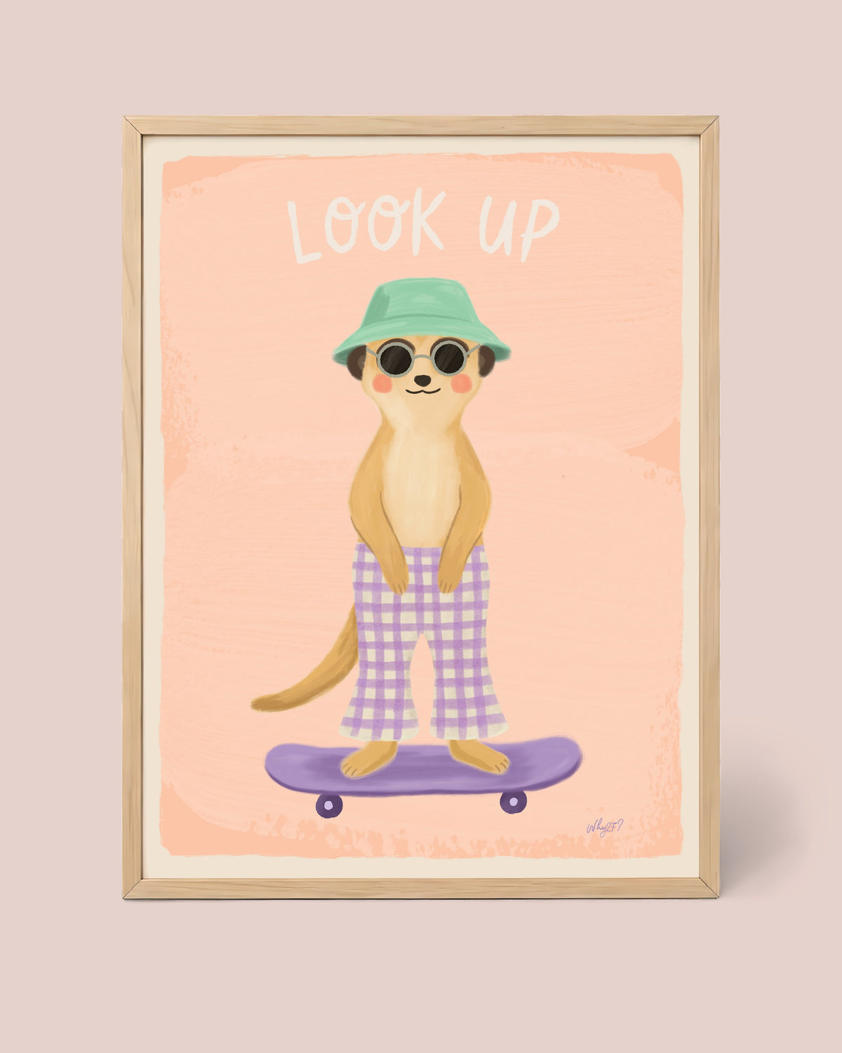 Look Up Meerkat Poster framed in a natural wood frame