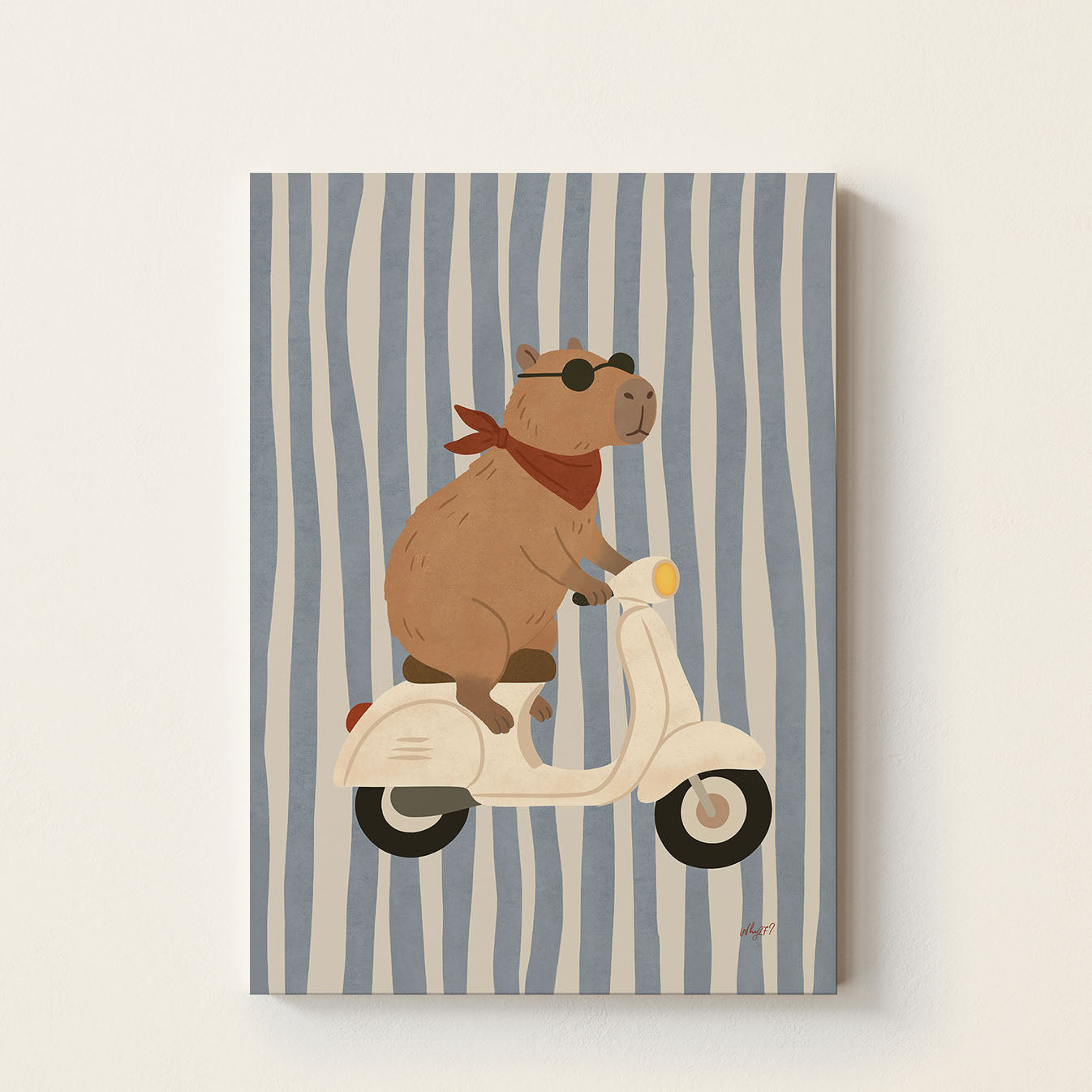 Hand-drawn capybara wearing sunglasses and a neck scarf while riding a vintage white Vespa scooter, whimsical Ride & Roll wall art for kids' bedrooms, nurseries, and playrooms.