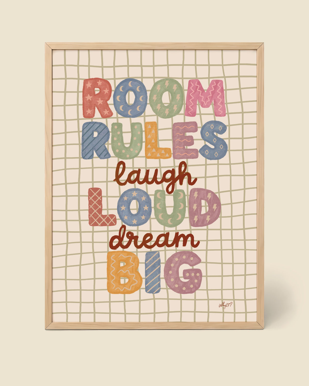 Room Rules Poster framed in a natural wood frame