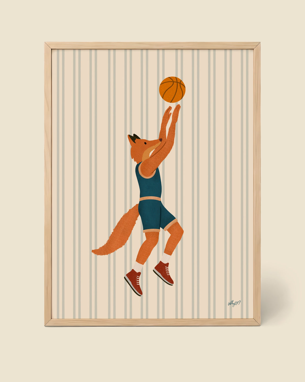 Basketball Fox Poster framed in a natural wood frame
