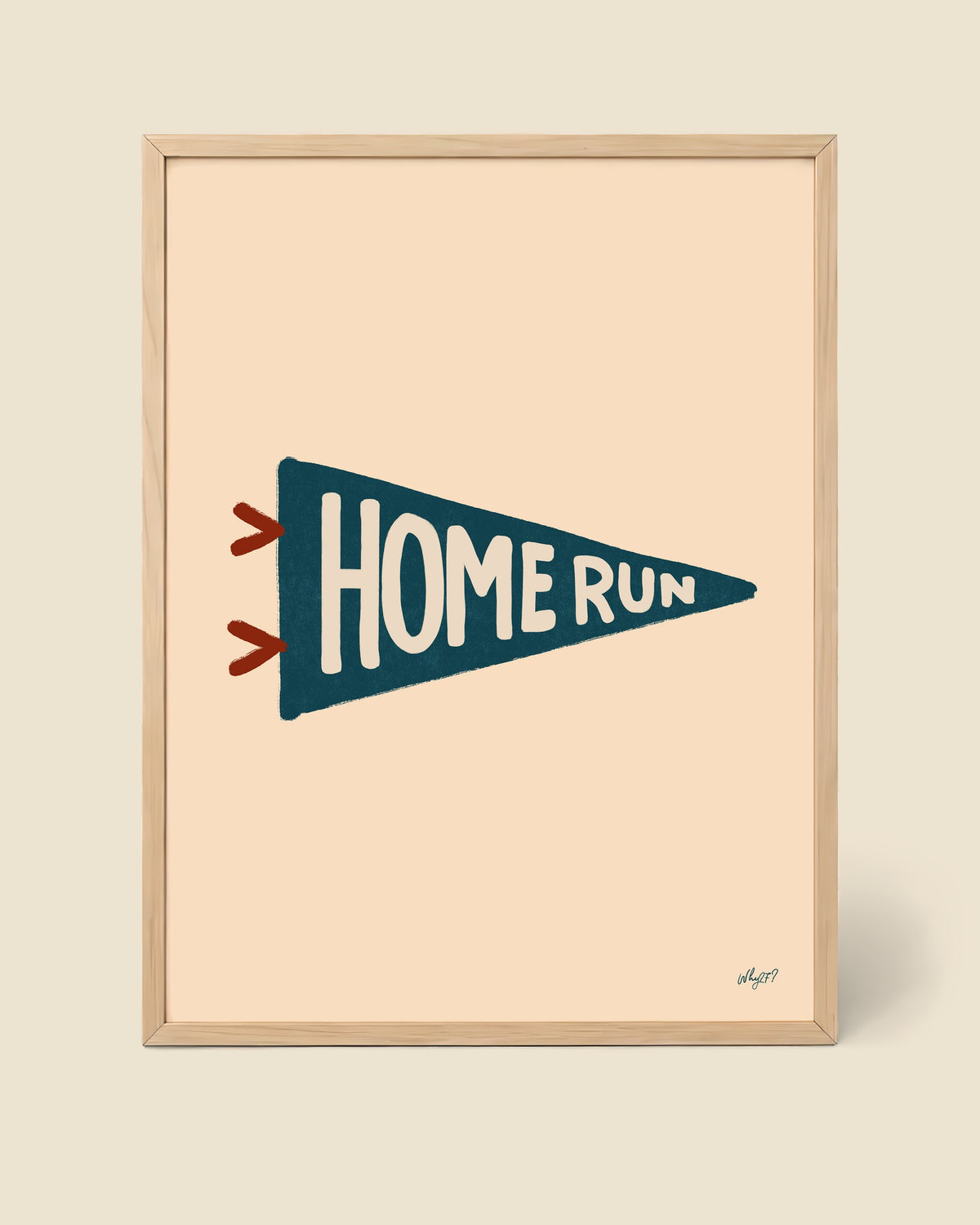 Home Run Flag Poster framed in a natural wood frame