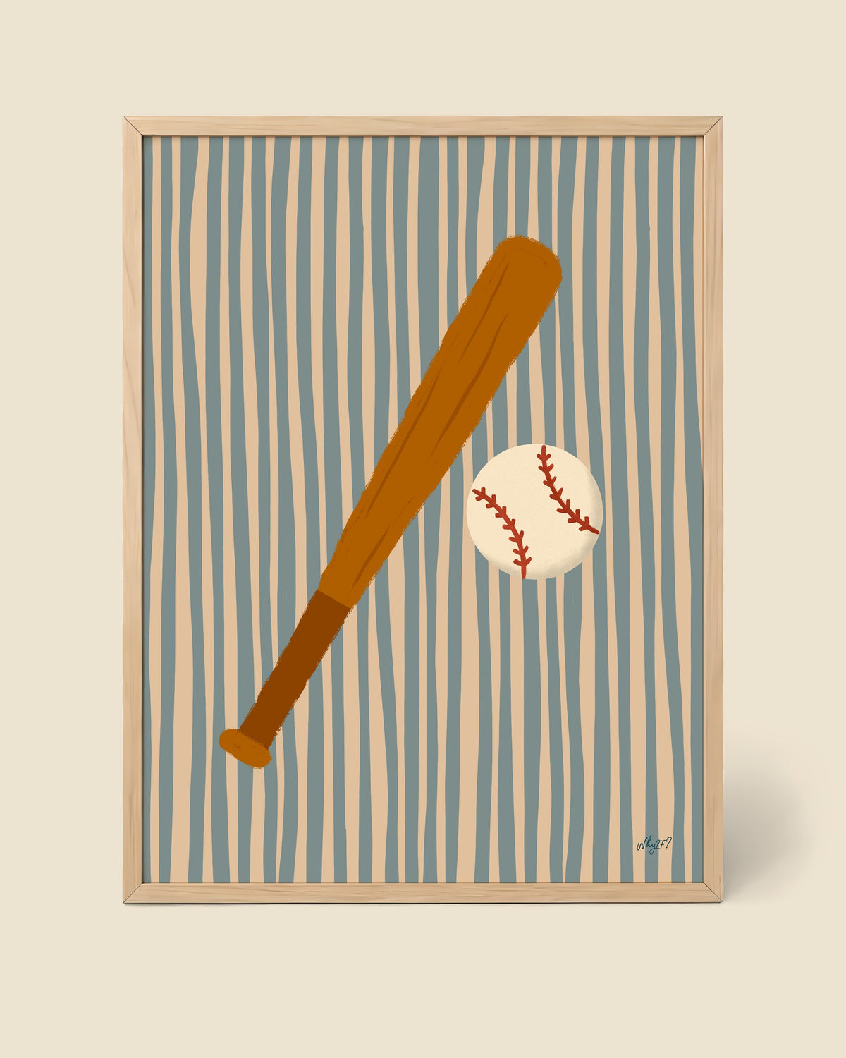 Bat And Ball Stripes Poster framed in a natural wood frame