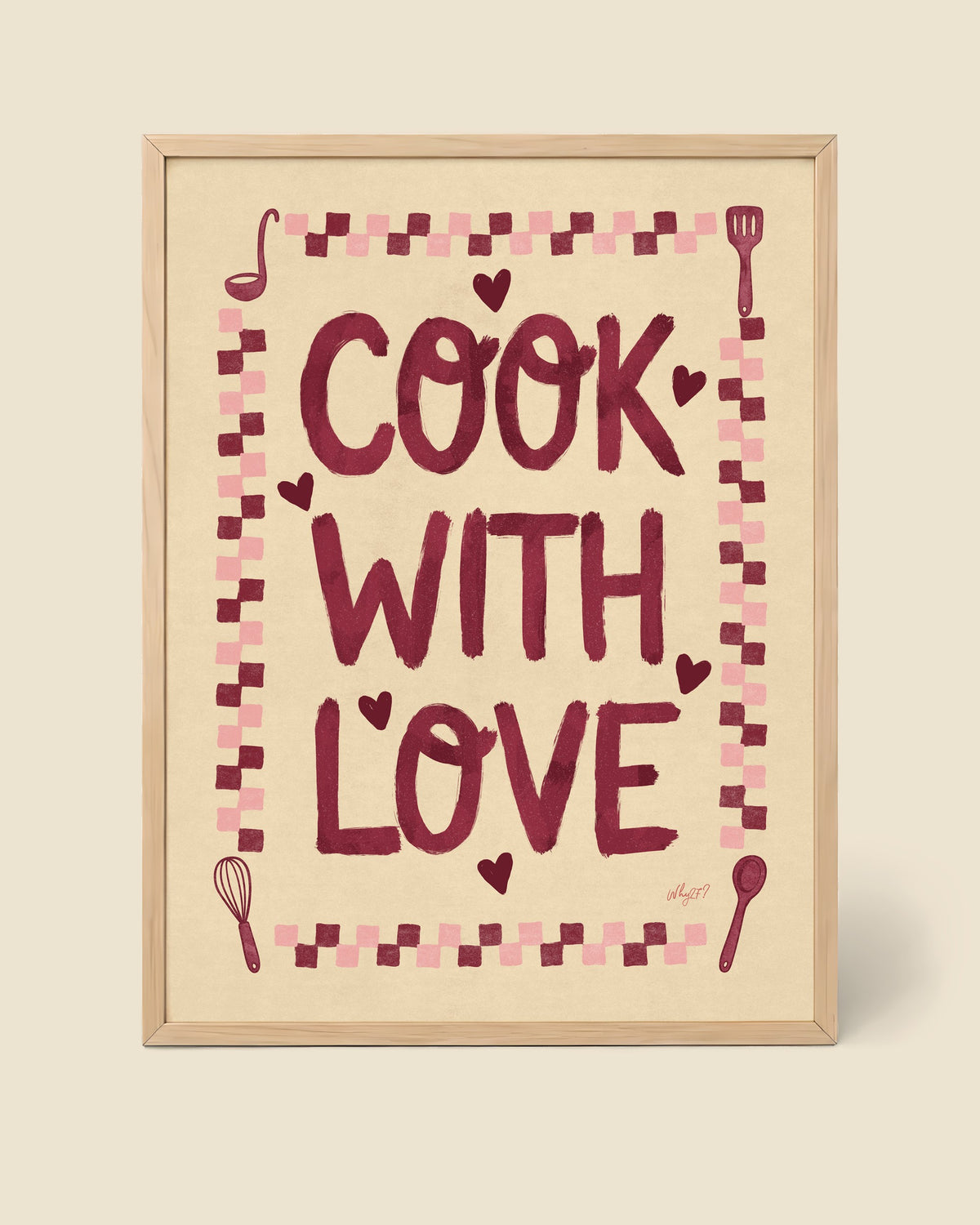 Cook With Love Poster framed in a natural wood frame
