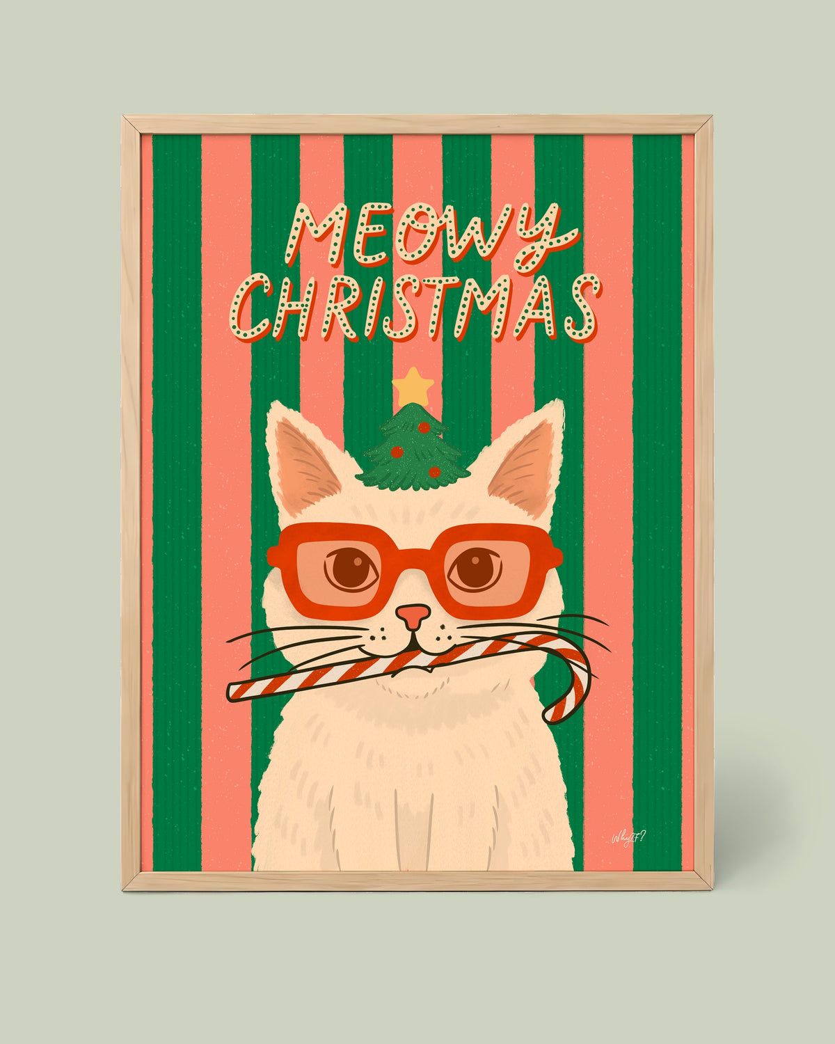 Meowy Christmas Poster framed in a natural wood frame