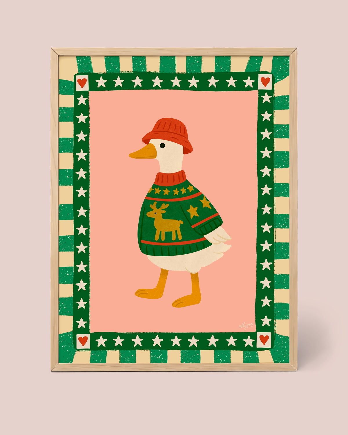 Christmas Duck Poster framed in a natural wood frame