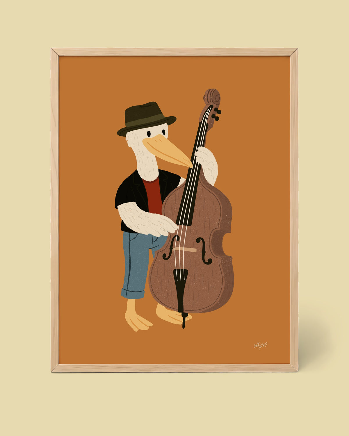 Double Bass Pelican Poster framed in a natural wood frame