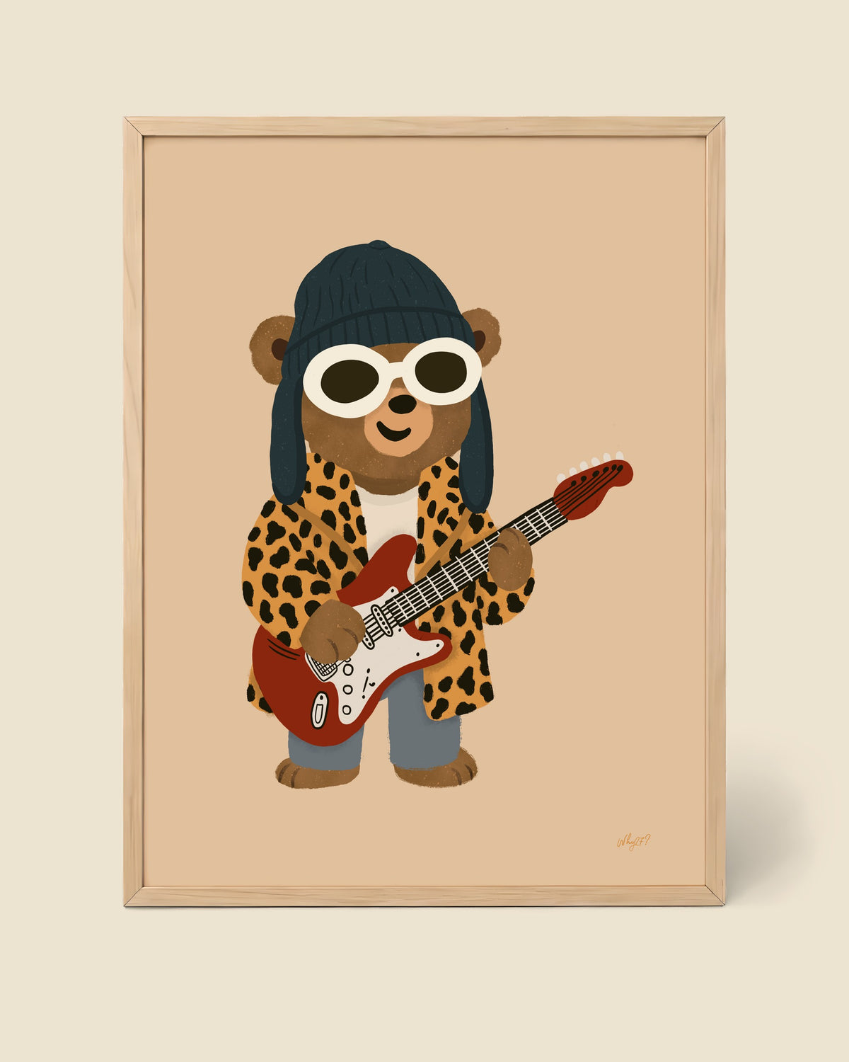 Grunge Bear Poster framed in a natural wood frame