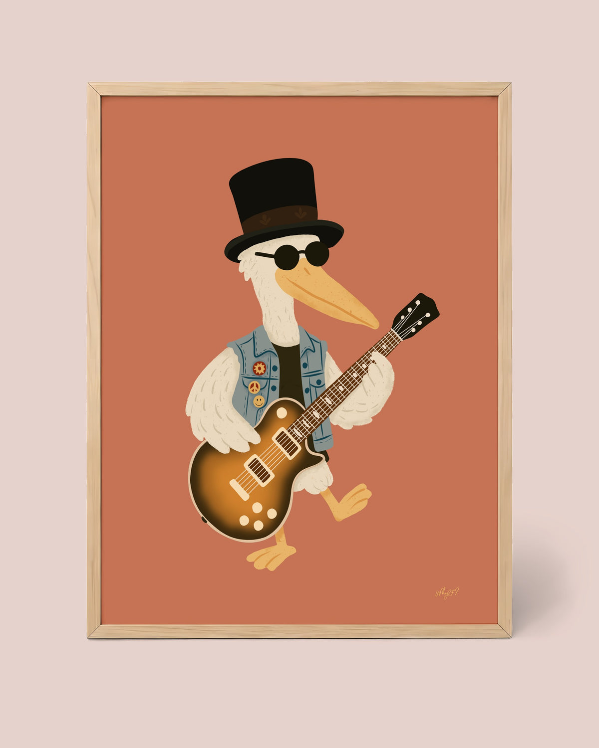 Top Hat Pelican Poster framed in a natural wood frame