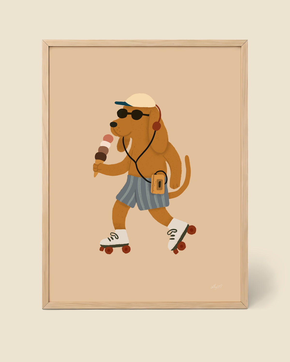 Roller Skate Ice Cream Dog Poster framed in a natural wood frame