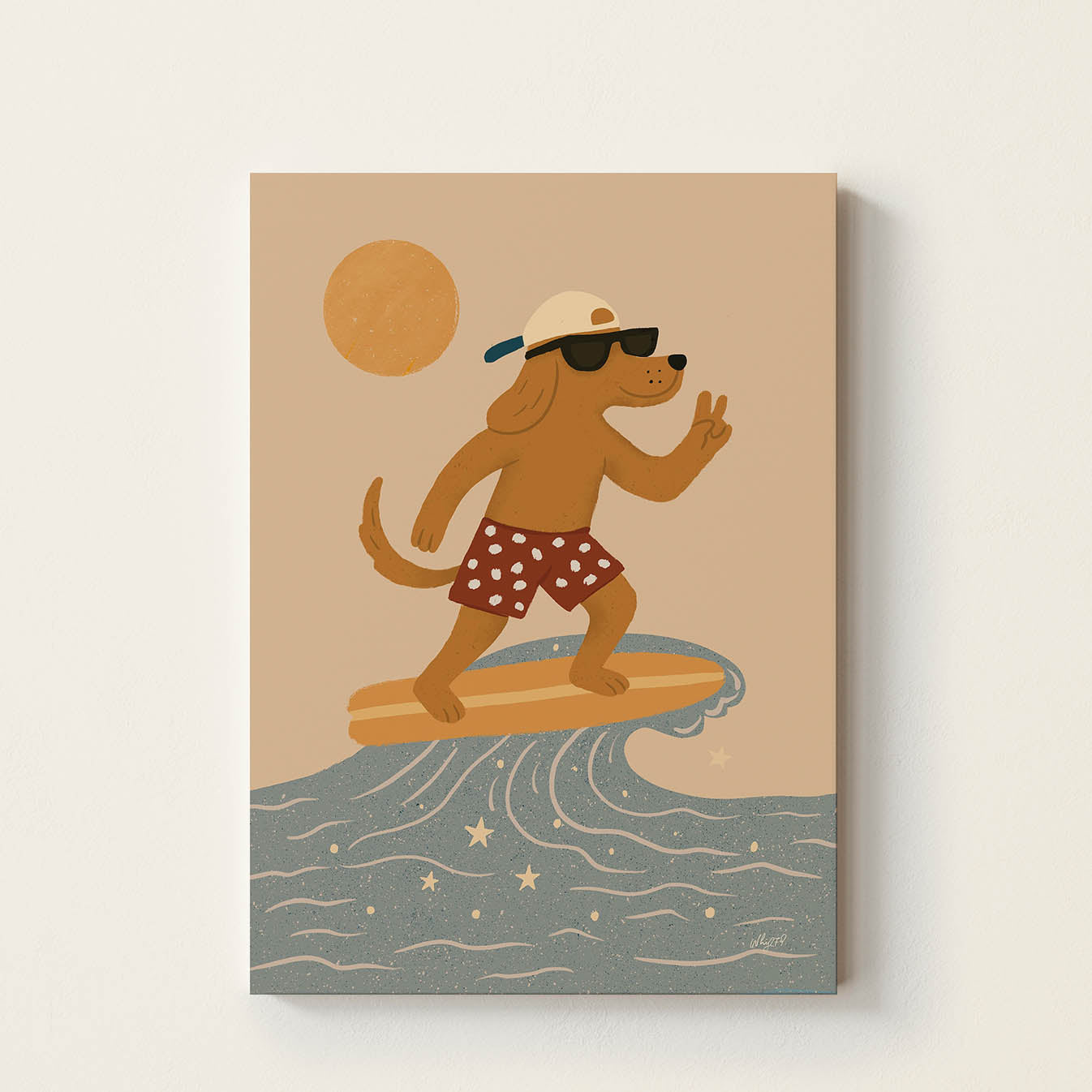 Hand-drawn dog wearing sunglasses and a backwards cap surfing on a wave while making a peace sign, retro-inspired coastal wall art for nurseries, bedrooms, and playrooms.