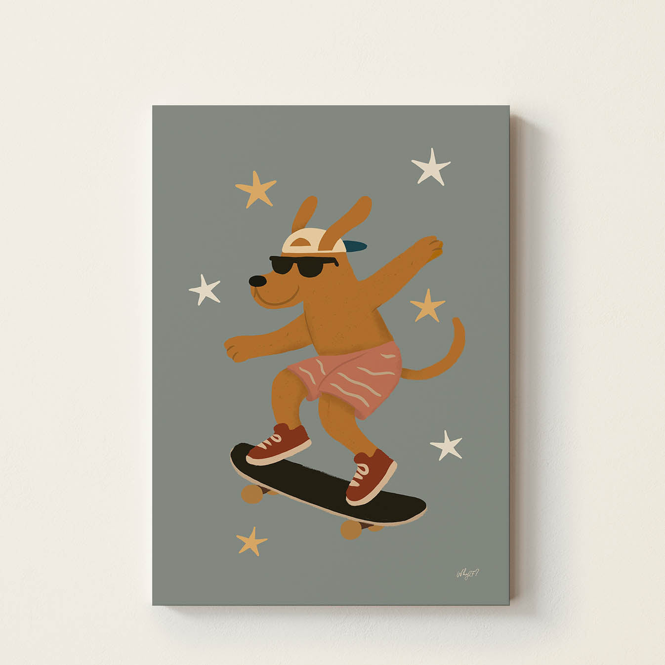 Hand-drawn dog wearing sunglasses and a backwards cap performing a skateboard trick, retro-inspired skateboard wall art for nurseries, bedrooms, and playrooms.