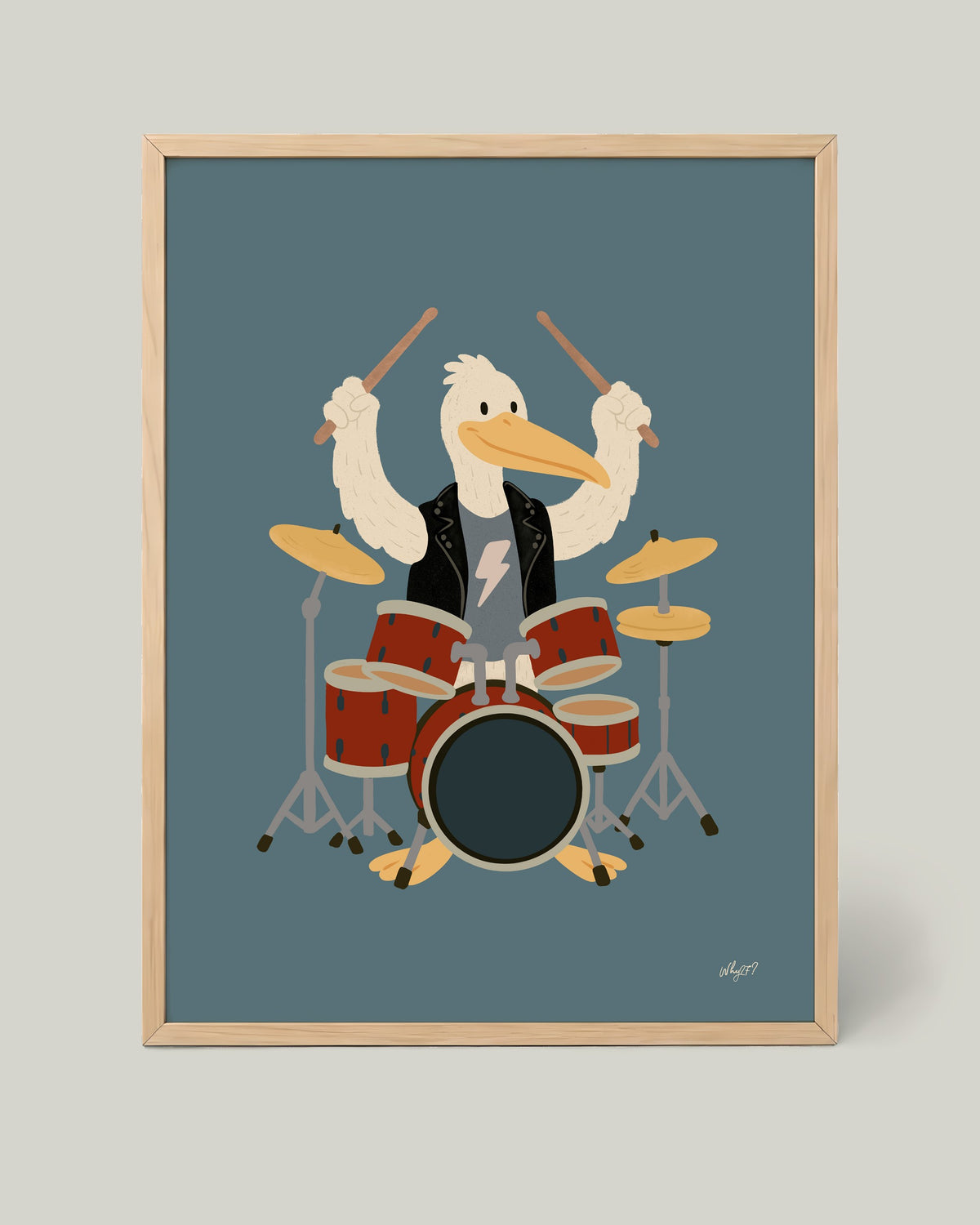 Drummer Pelican Poster framed in a natural wood frame