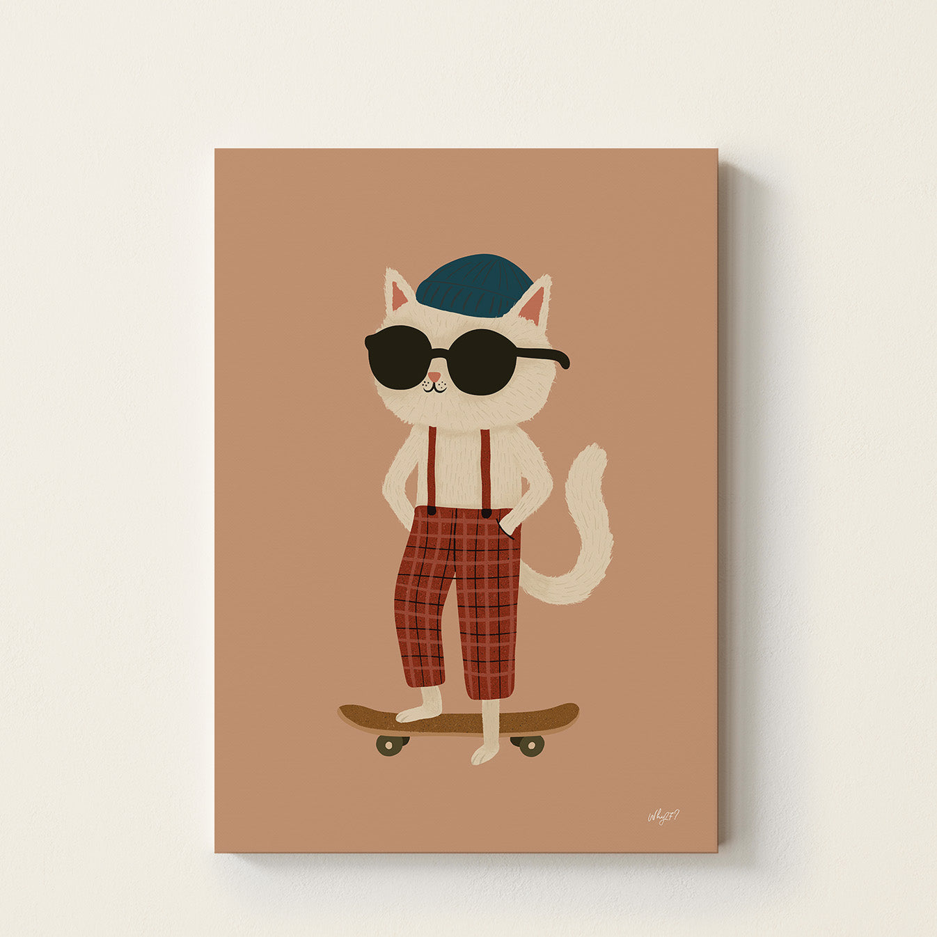 Cool cat skater poster featuring a white cat wearing sunglasses and plaid trousers standing on a skateboard against a warm neutral background.