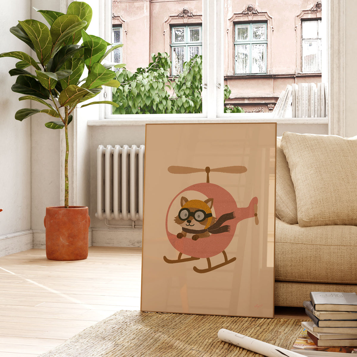 Racoon Helicopter Pink Poster