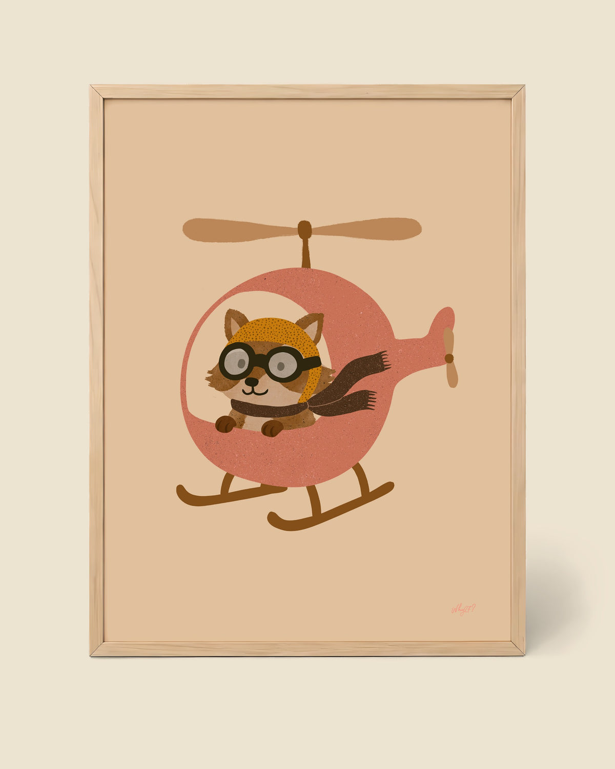 Racoon Helicopter Pink Poster framed in a natural wood frame